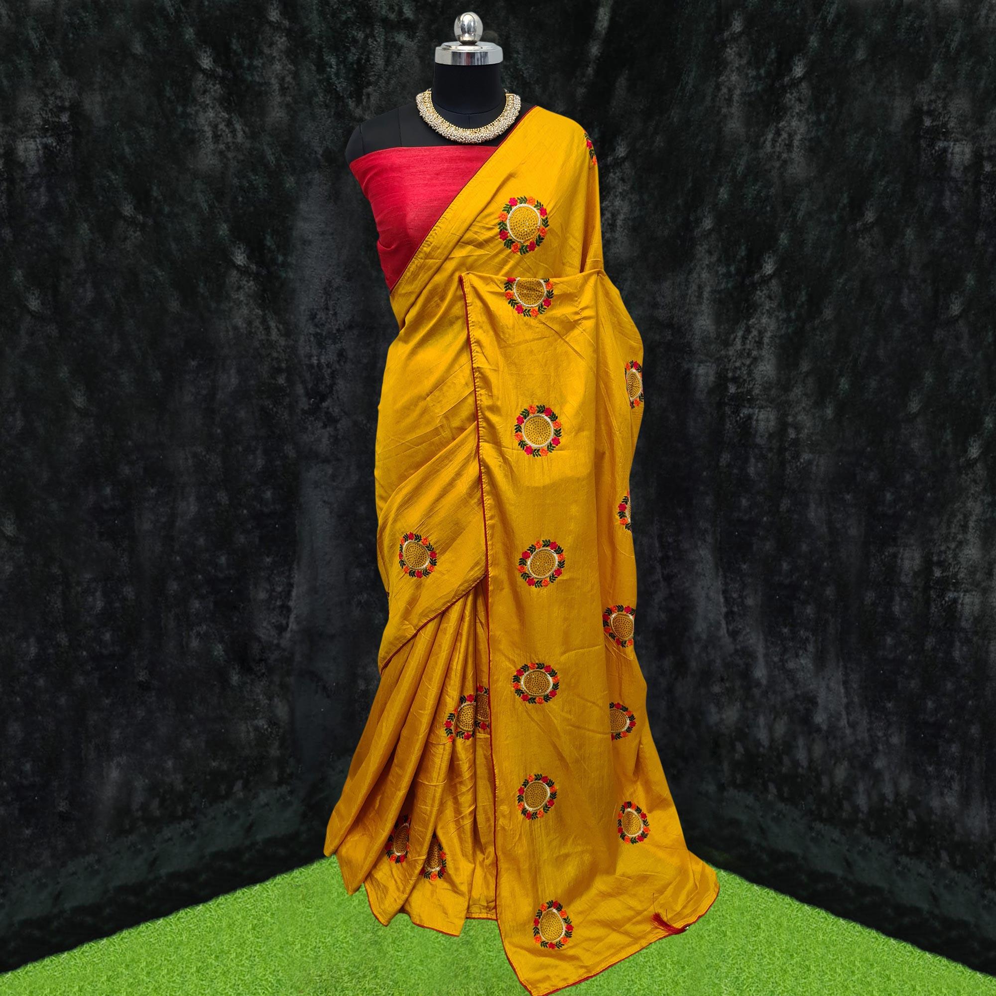 Yellow Casual Wear Embroidered Dola Silk Saree - Peachmode