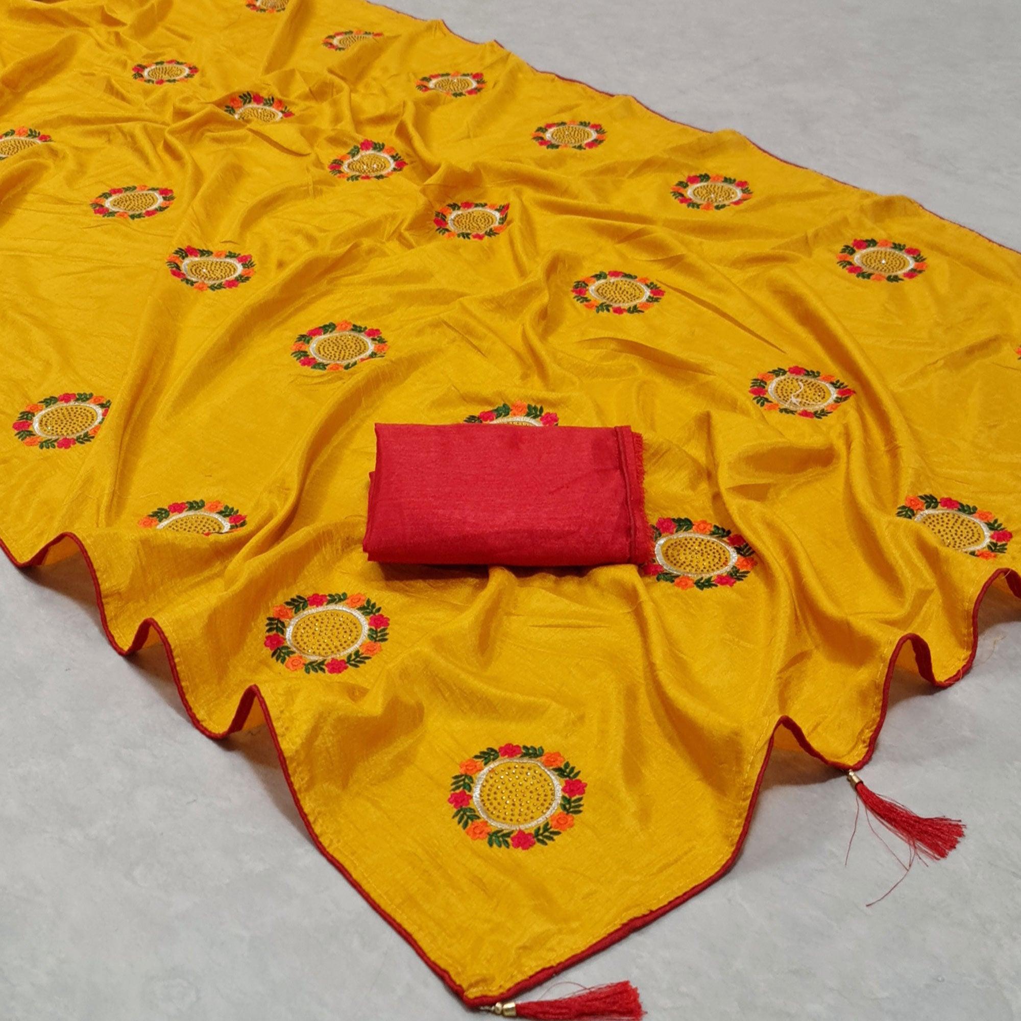 Yellow Casual Wear Embroidered Dola Silk Saree - Peachmode