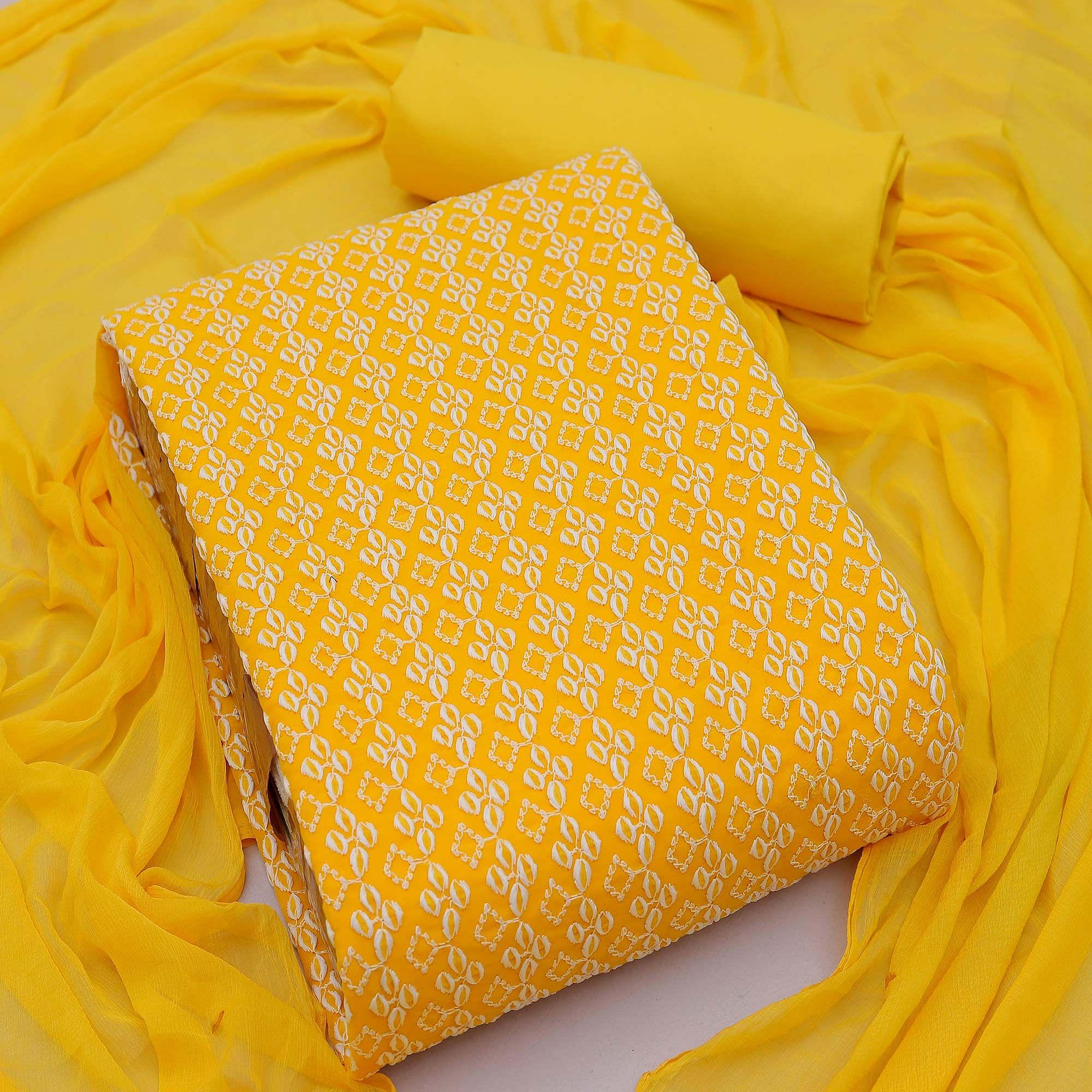 Yellow Casual Wear Embroidered Georgette Dress Material - Peachmode
