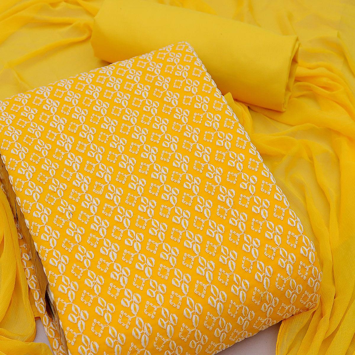Yellow Casual Wear Embroidered Georgette Dress Material - Peachmode