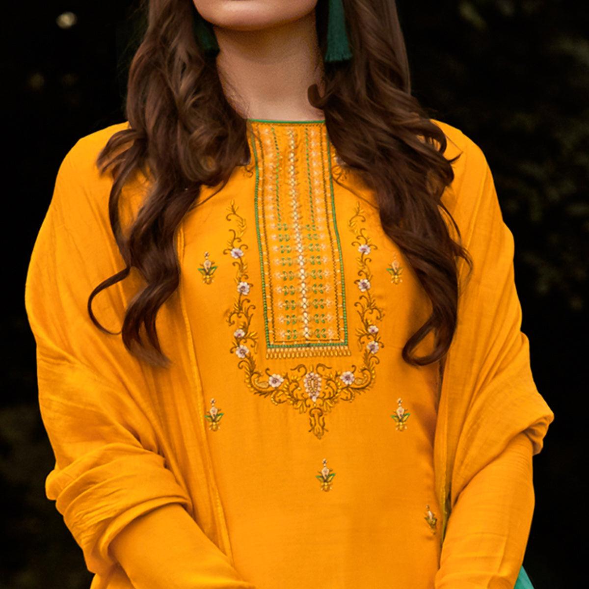 Yellow Casual Wear Embroidered Georgette Suit - Peachmode