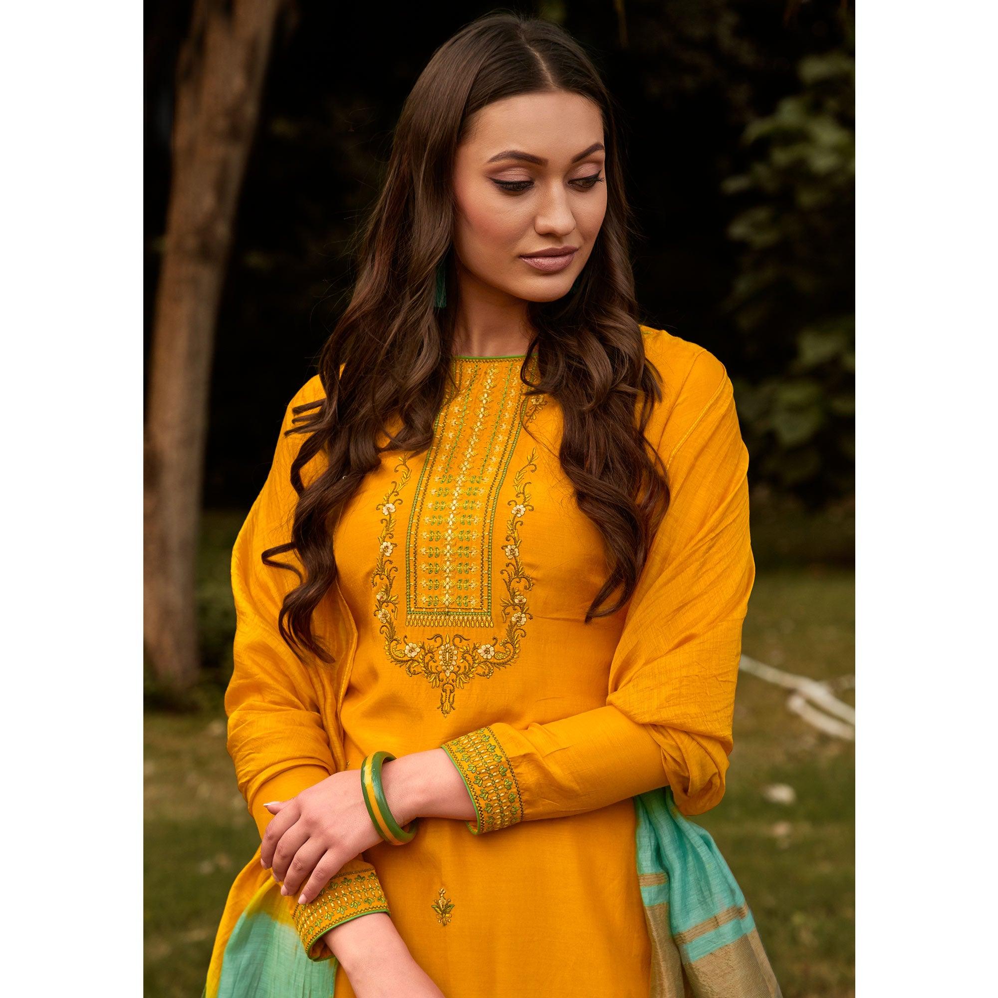 Yellow Casual Wear Embroidered Georgette Suit - Peachmode