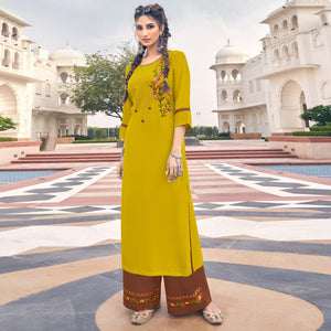 Yellow Casual Wear Embroidered Heavy Rayon Kurti - Palazzo Set - Peachmode