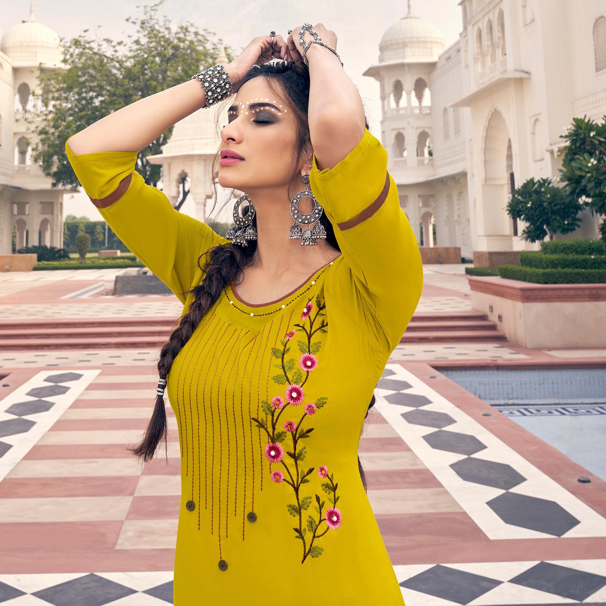 Yellow Casual Wear Embroidered Heavy Rayon Kurti - Palazzo Set - Peachmode