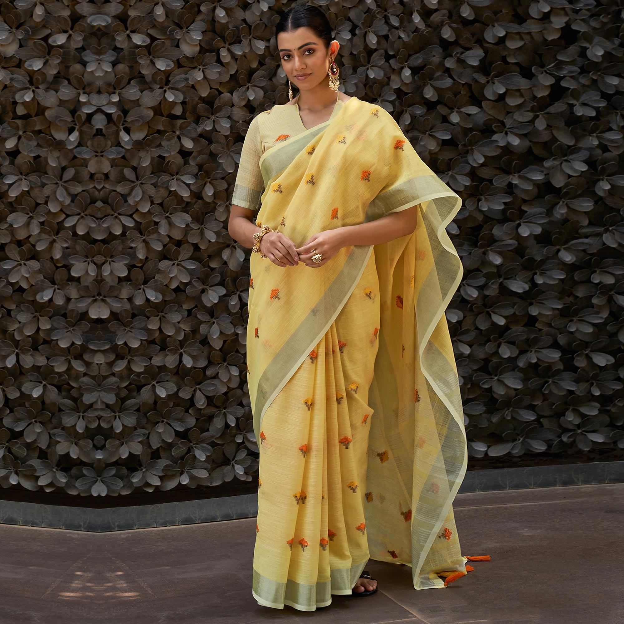 Yellow Casual Wear Embroidered Linen Saree - Peachmode
