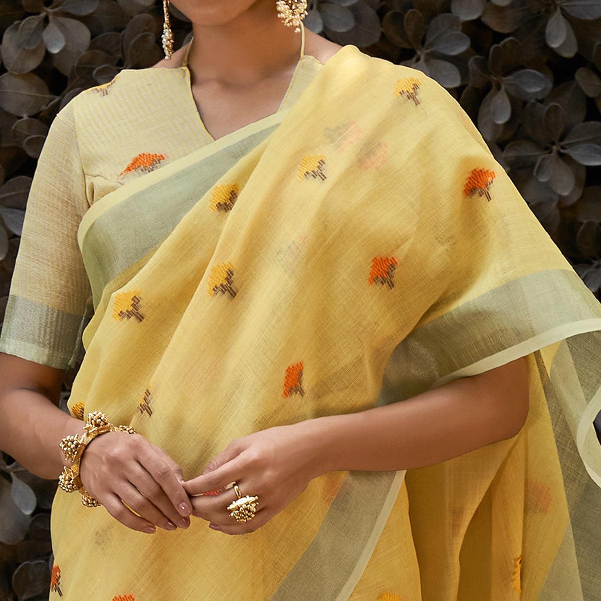 Yellow Casual Wear Embroidered Linen Saree - Peachmode