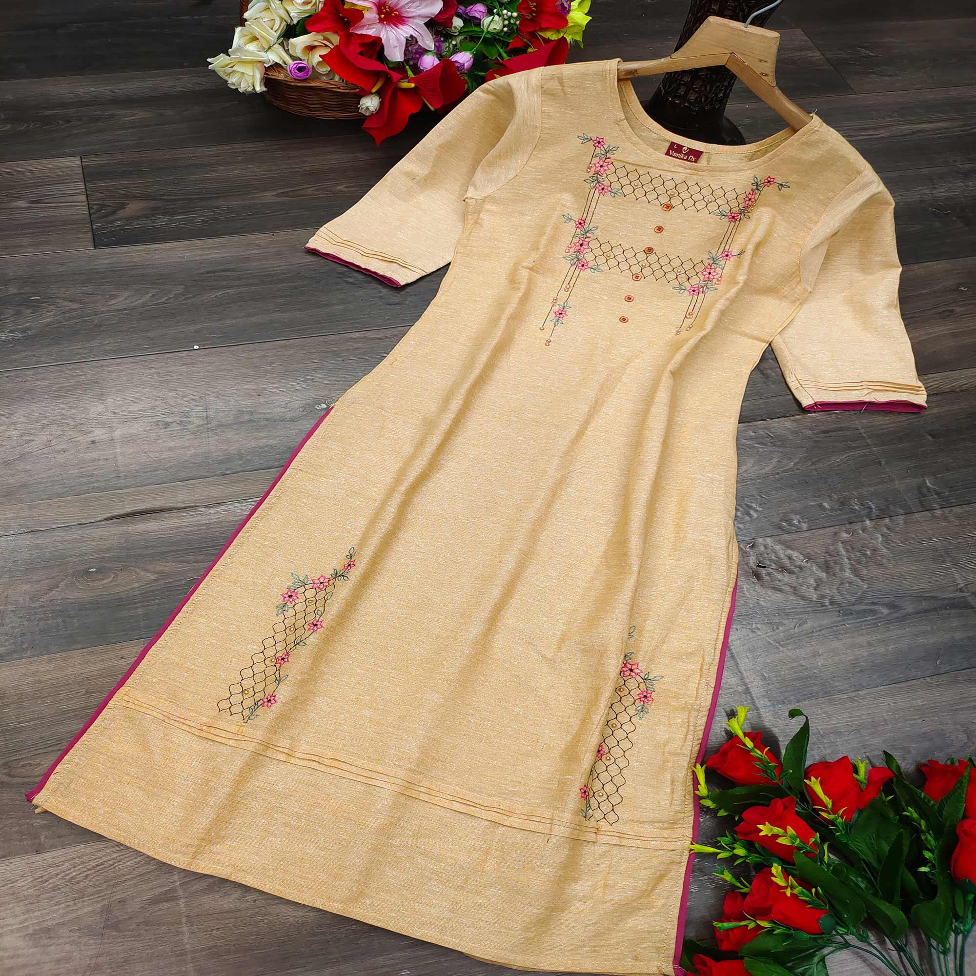 Yellow Casual Wear Embroidered Pure Cotton Kurti - Peachmode