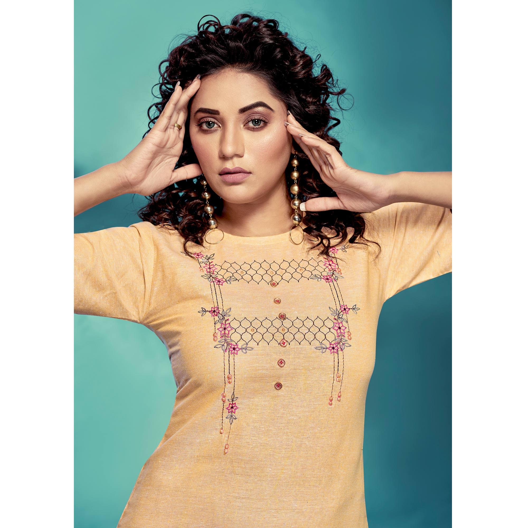 Yellow Casual Wear Embroidered Pure Cotton Kurti - Peachmode