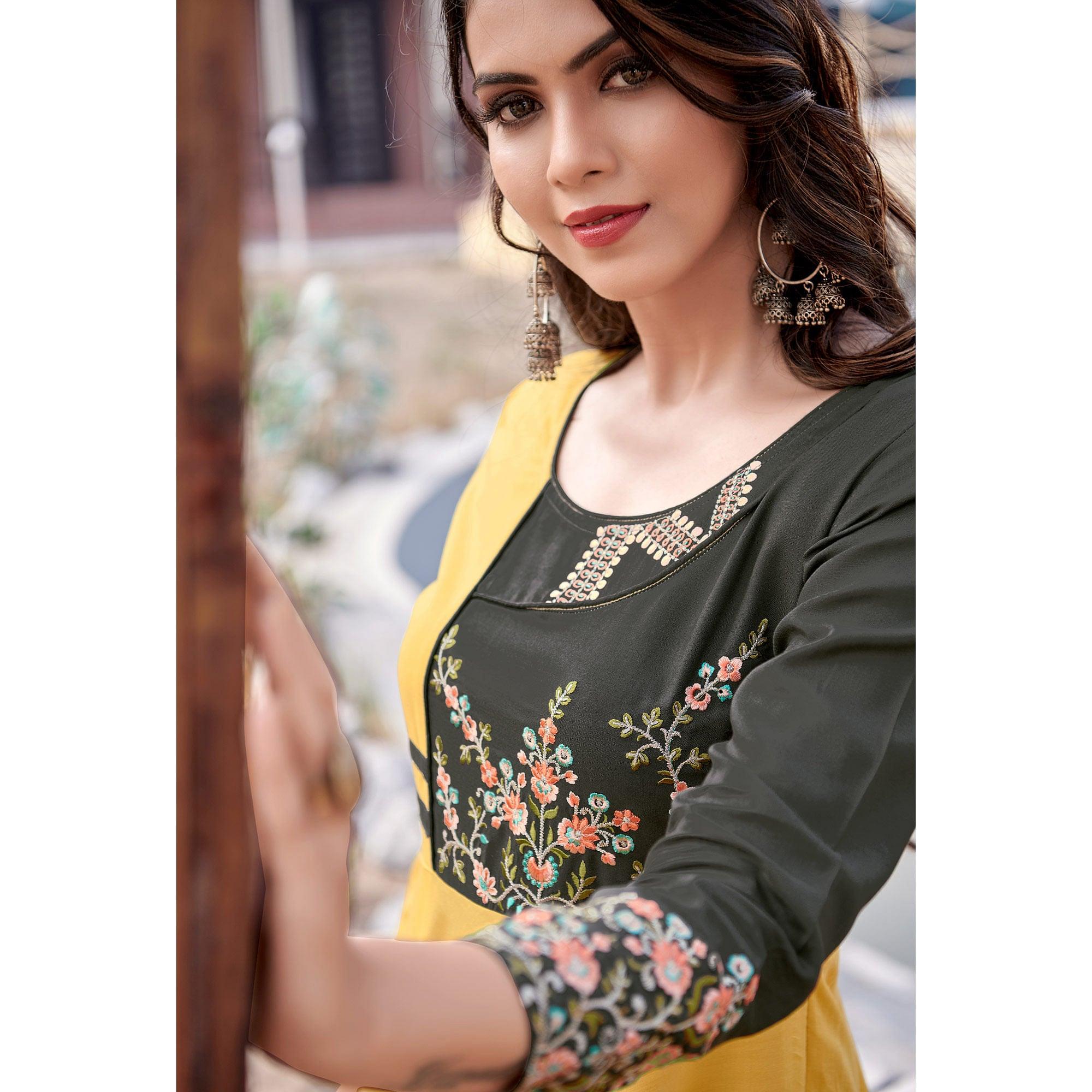 Yellow Casual Wear Embroidered Rayon Gown - Peachmode