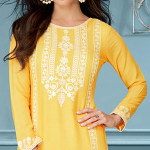 Yellow Casual Wear Embroidered Rayon Kurti - Peachmode