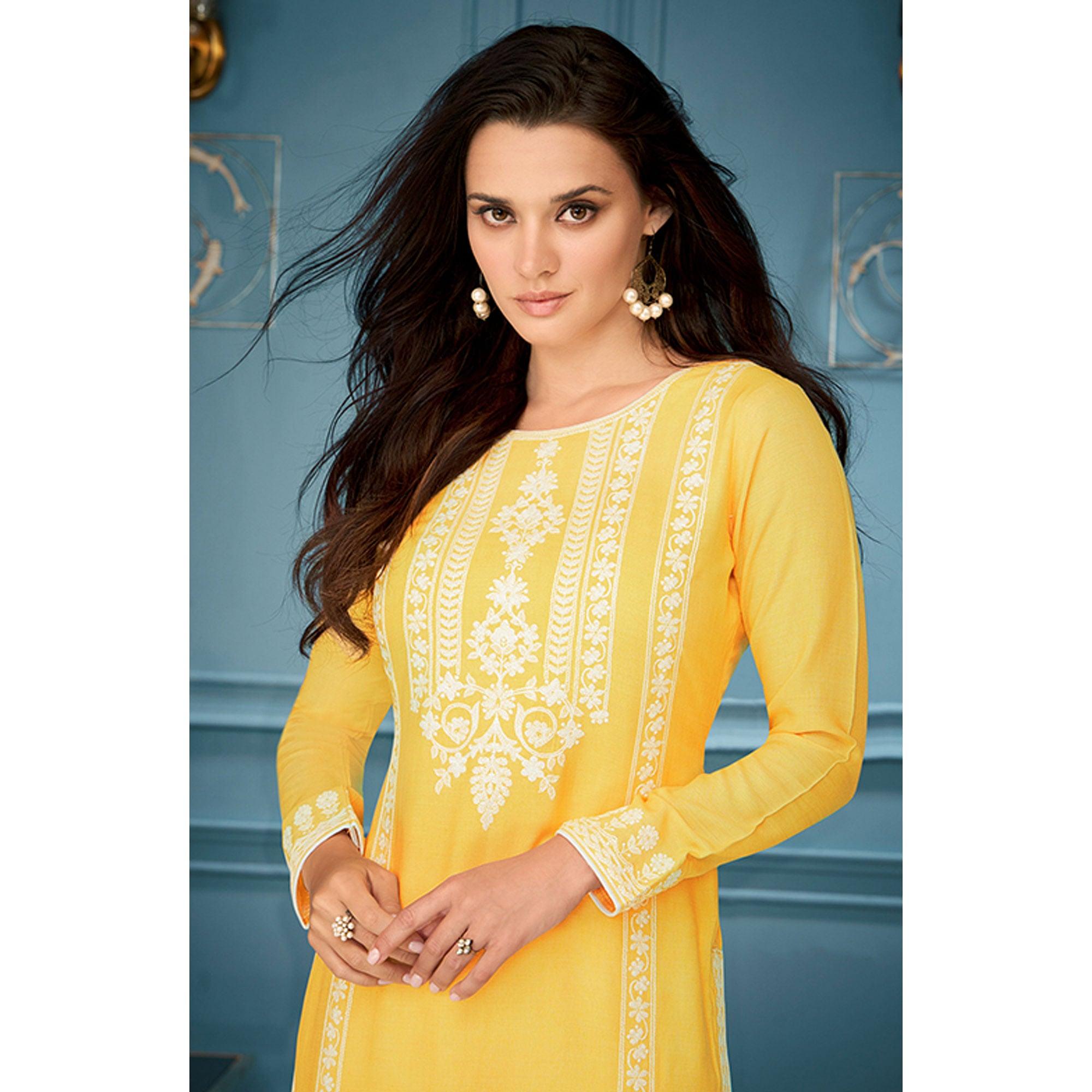 Yellow Casual Wear Embroidered Rayon Kurti - Peachmode