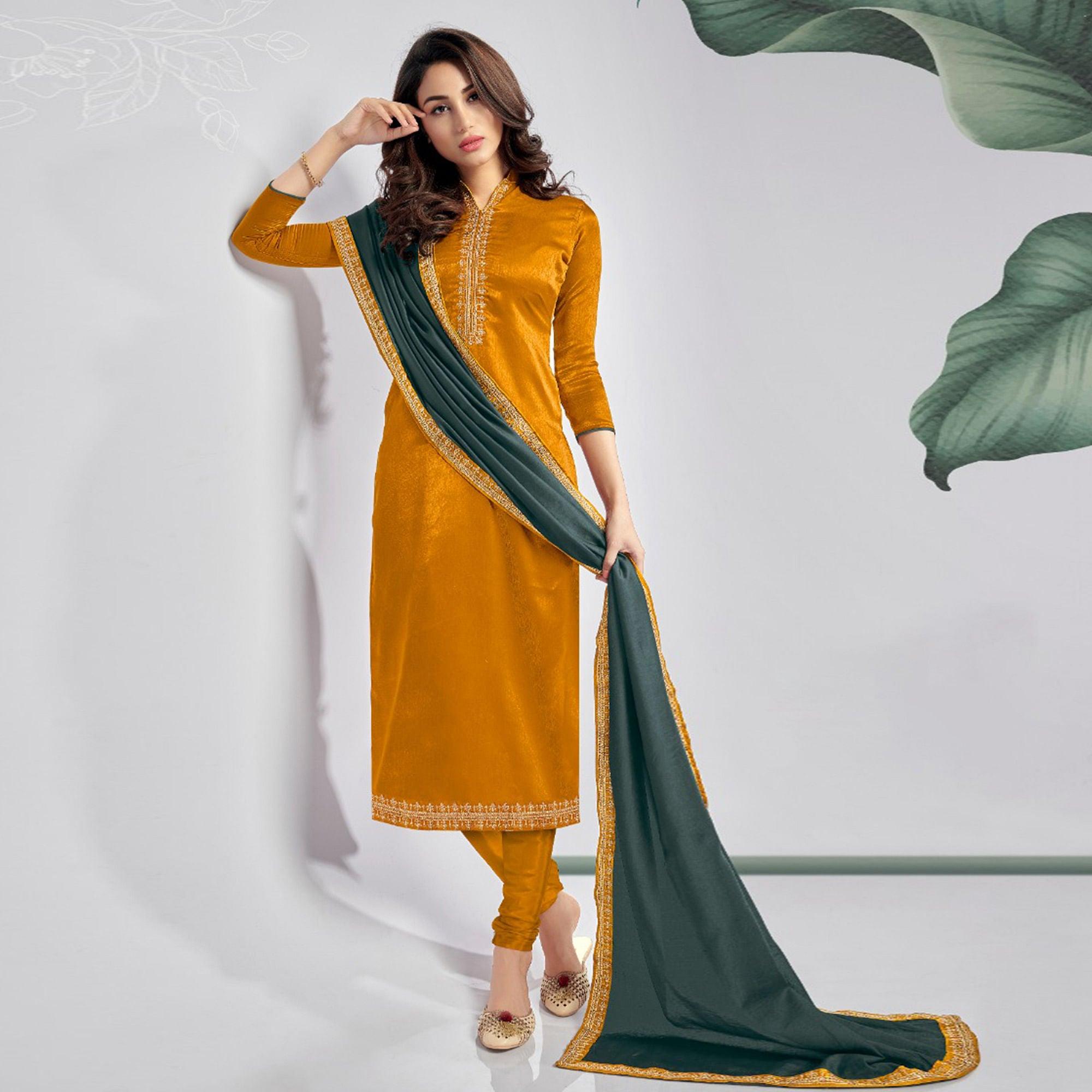 Yellow Casual Wear Embroidered Sanaya Silk Dress Material - Peachmode
