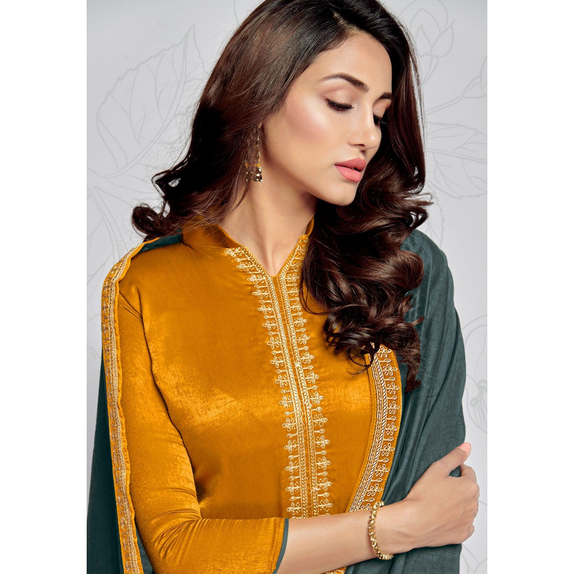 Yellow Casual Wear Embroidered Sanaya Silk Dress Material - Peachmode