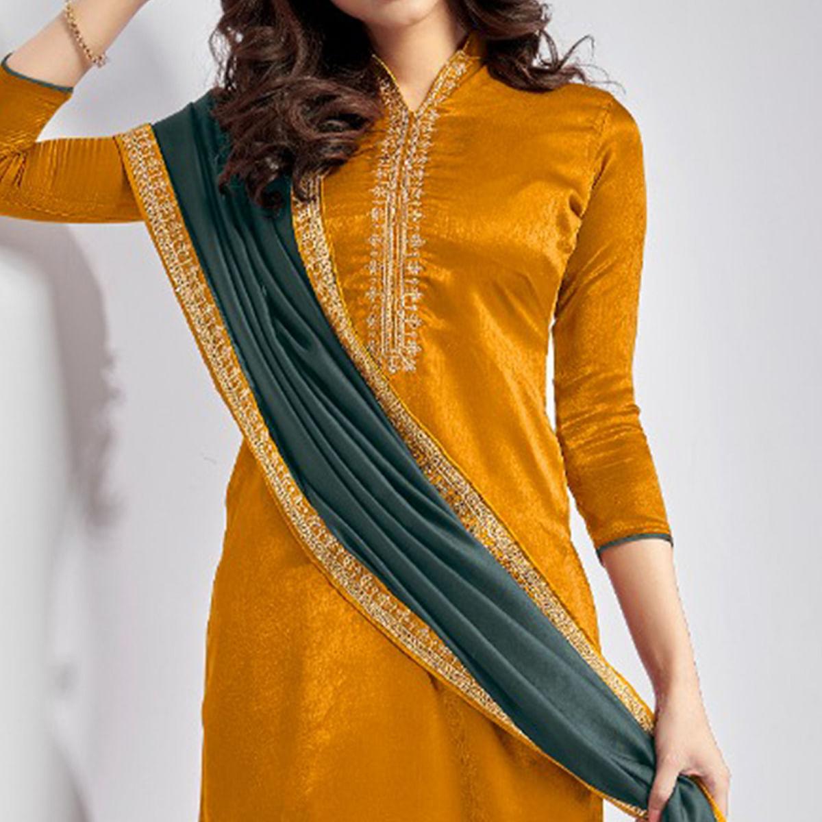 Yellow Casual Wear Embroidered Sanaya Silk Dress Material - Peachmode