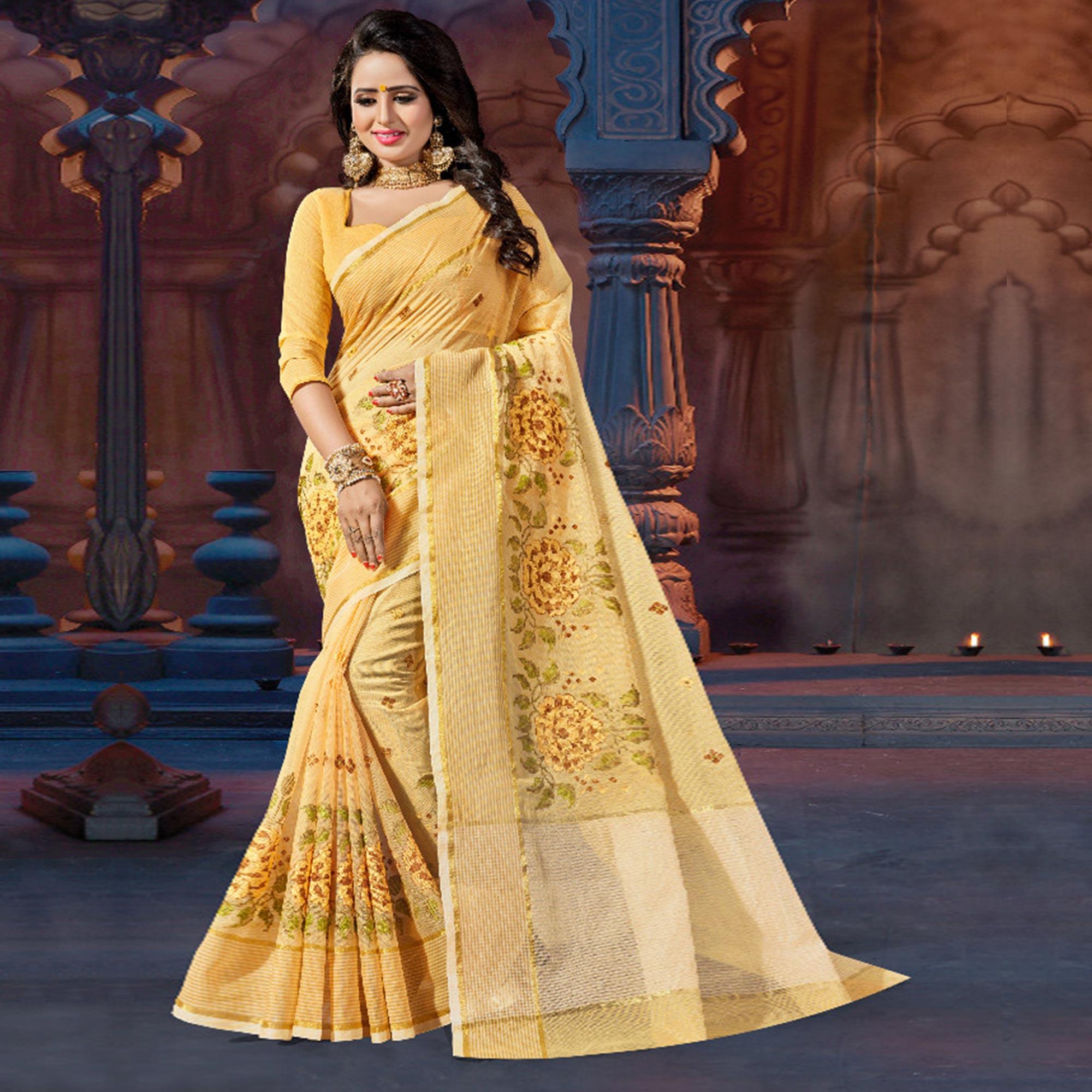 Yellow Casual Wear Embroidered Supernet Saree - Peachmode