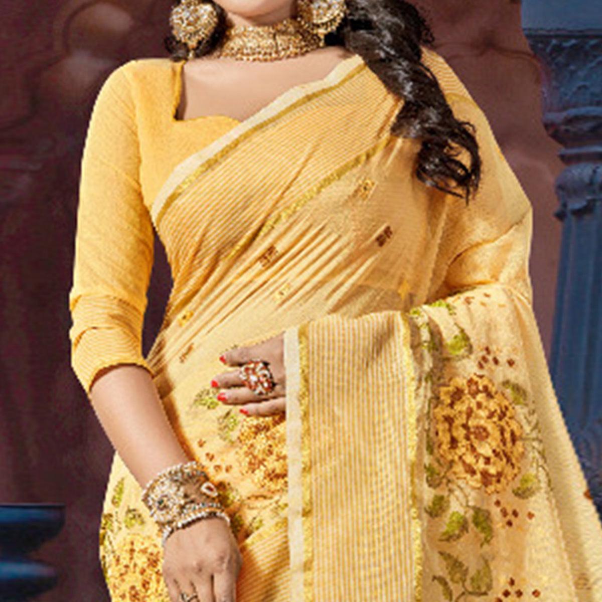 Yellow Casual Wear Embroidered Supernet Saree - Peachmode
