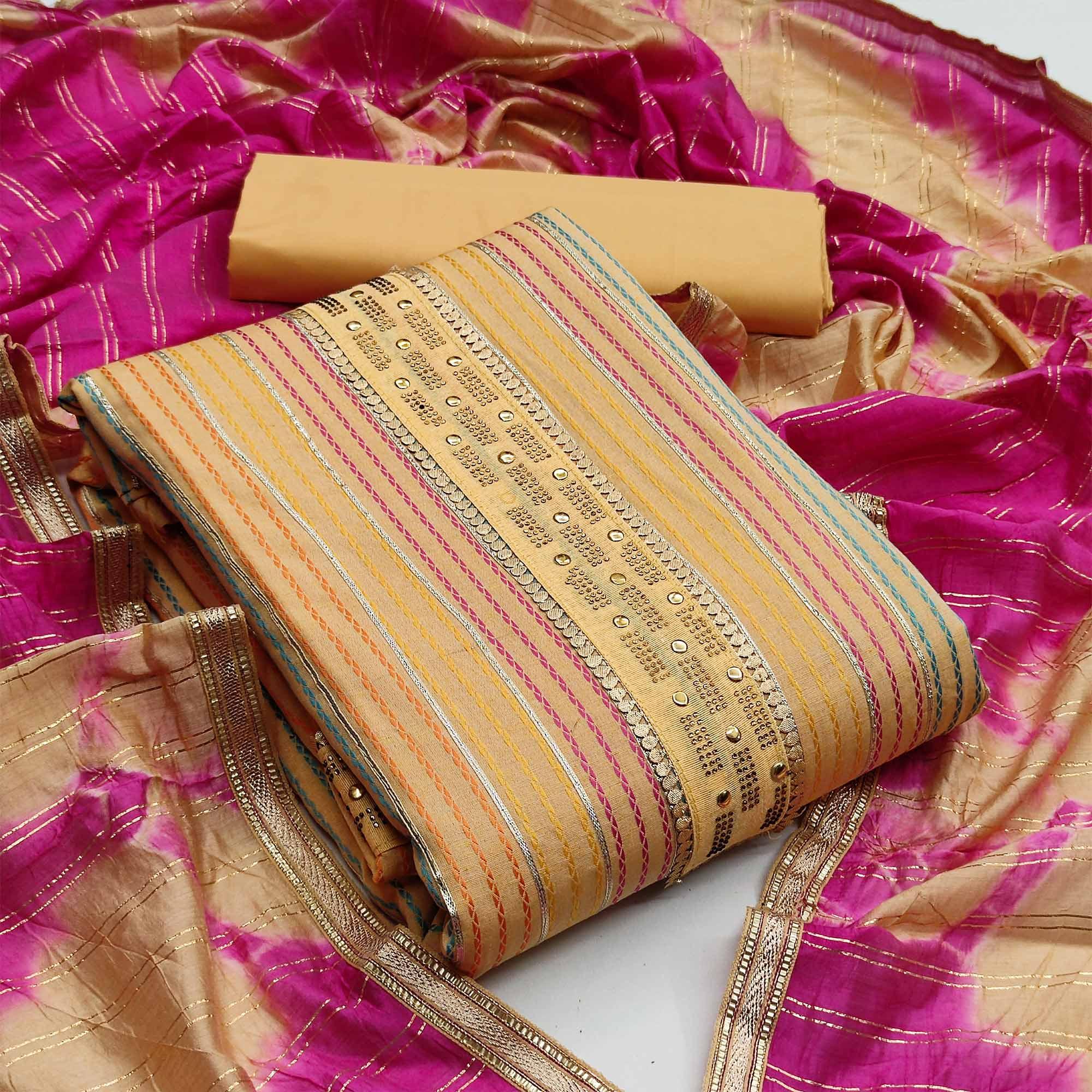 Yellow Casual Wear Embroidery With Hand Work Premium Pure Cotton  Dress Material - Peachmode
