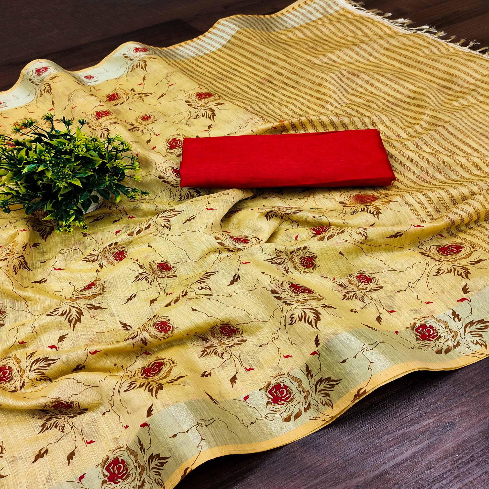 Yellow Casual Wear Floral Block Printed Cotton Blend Saree - Peachmode