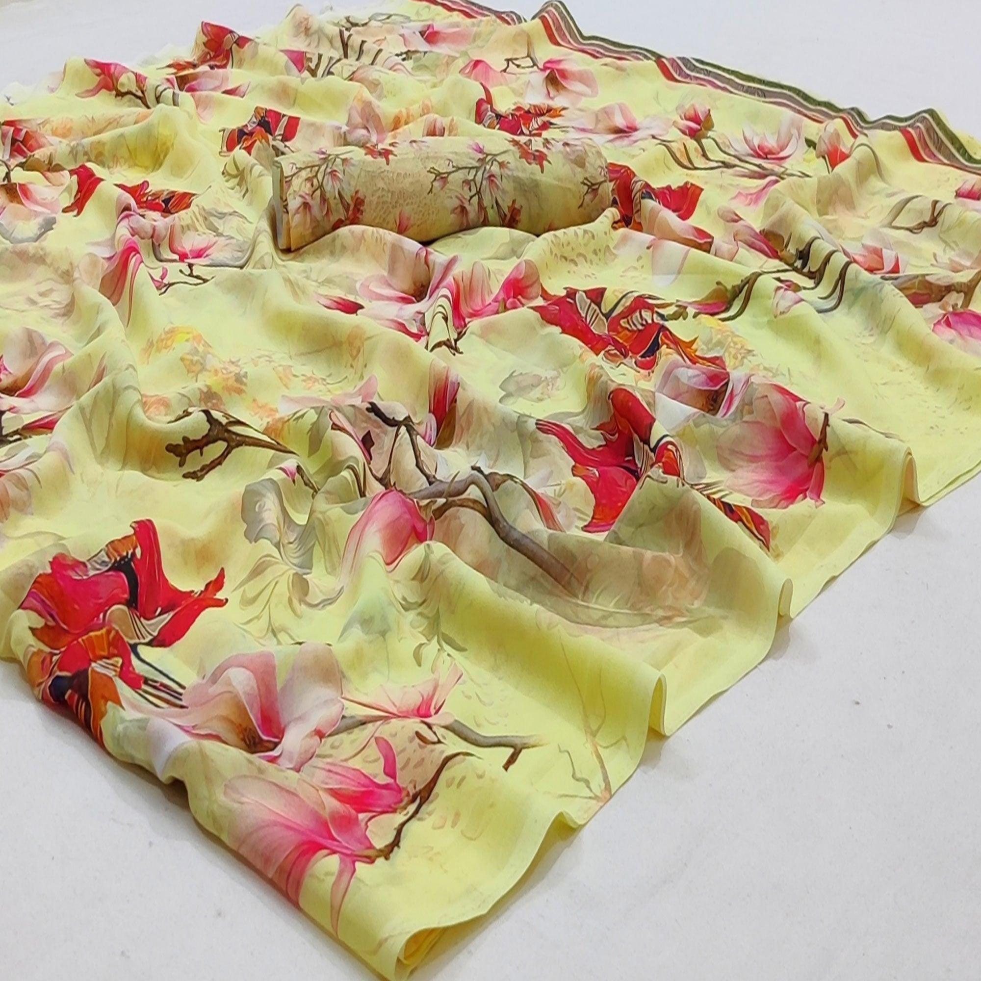 Yellow Casual Wear Floral Digital Printed Georgette Saree - Peachmode