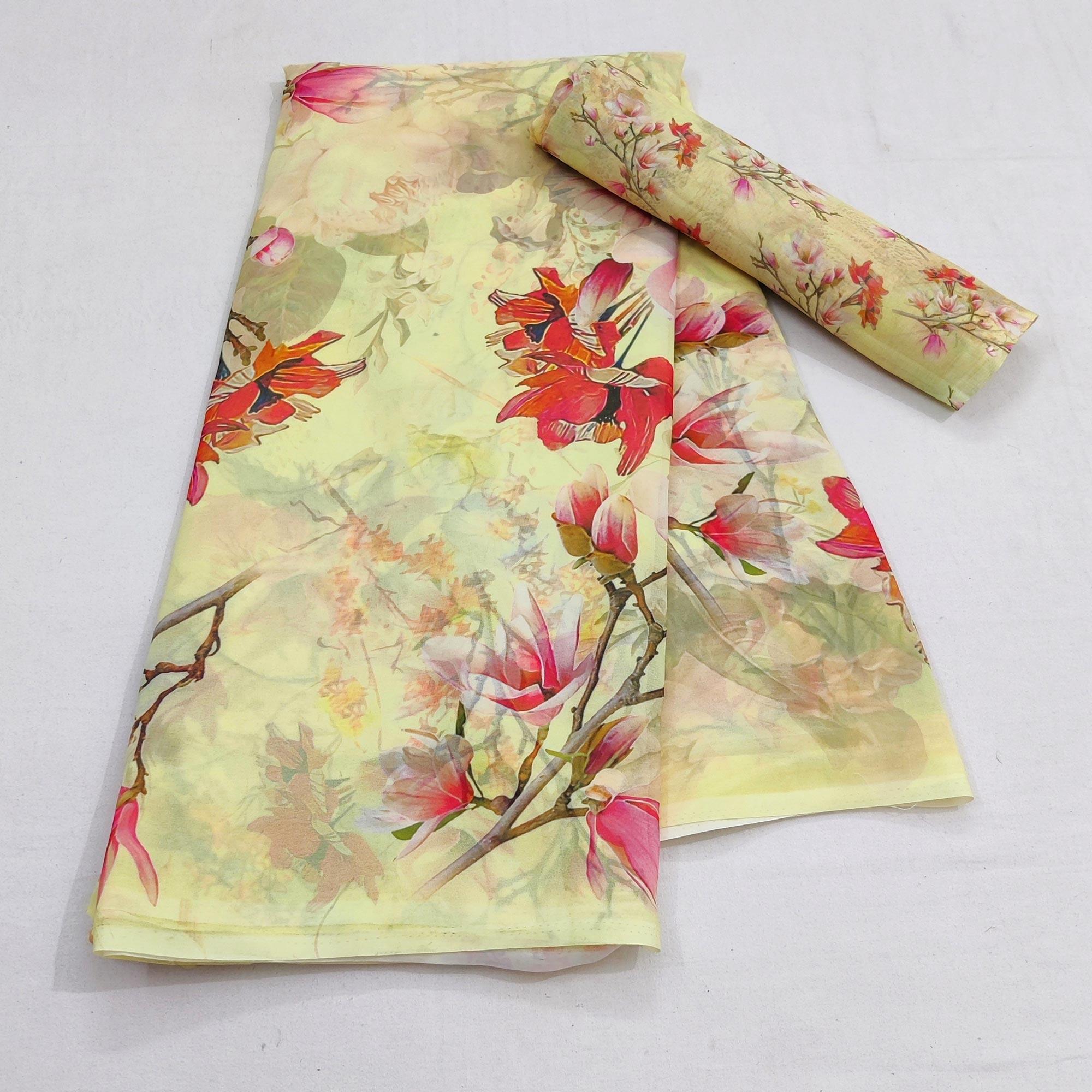 Yellow Casual Wear Floral Digital Printed Georgette Saree - Peachmode