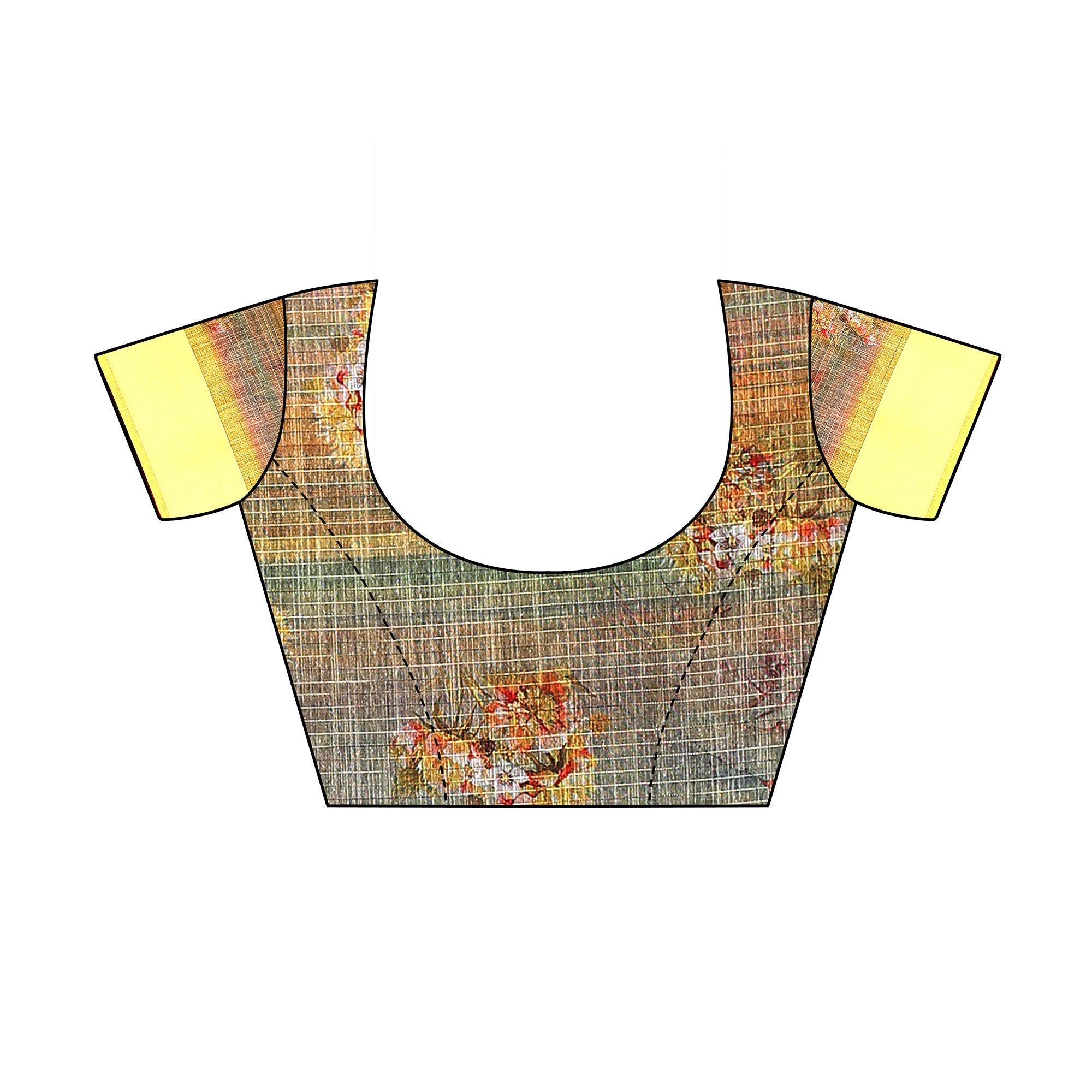 Yellow  Casual Wear Floral Digital Printed Linen Slub saree - Peachmode