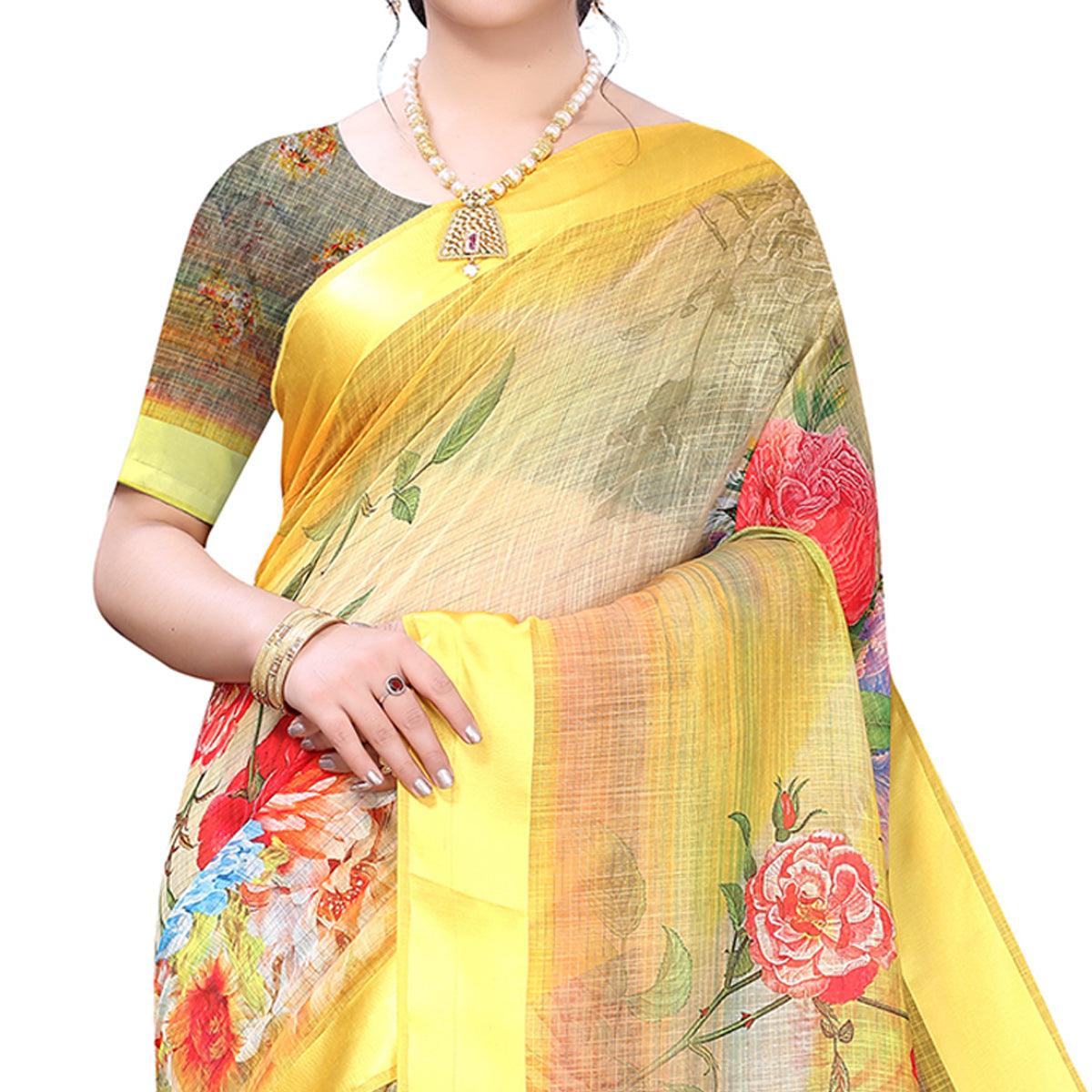 Yellow  Casual Wear Floral Digital Printed Linen Slub saree - Peachmode
