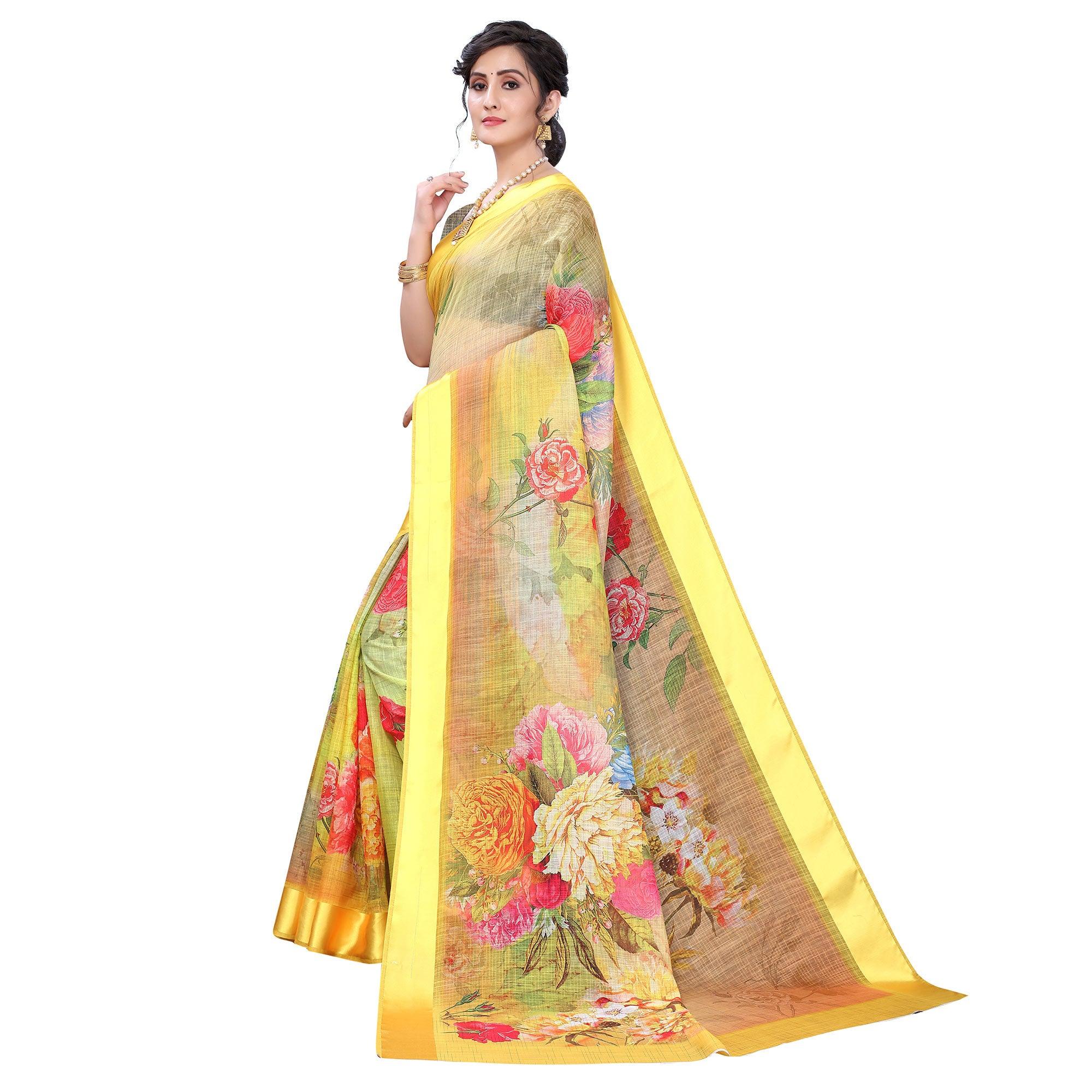 Yellow  Casual Wear Floral Digital Printed Linen Slub saree - Peachmode
