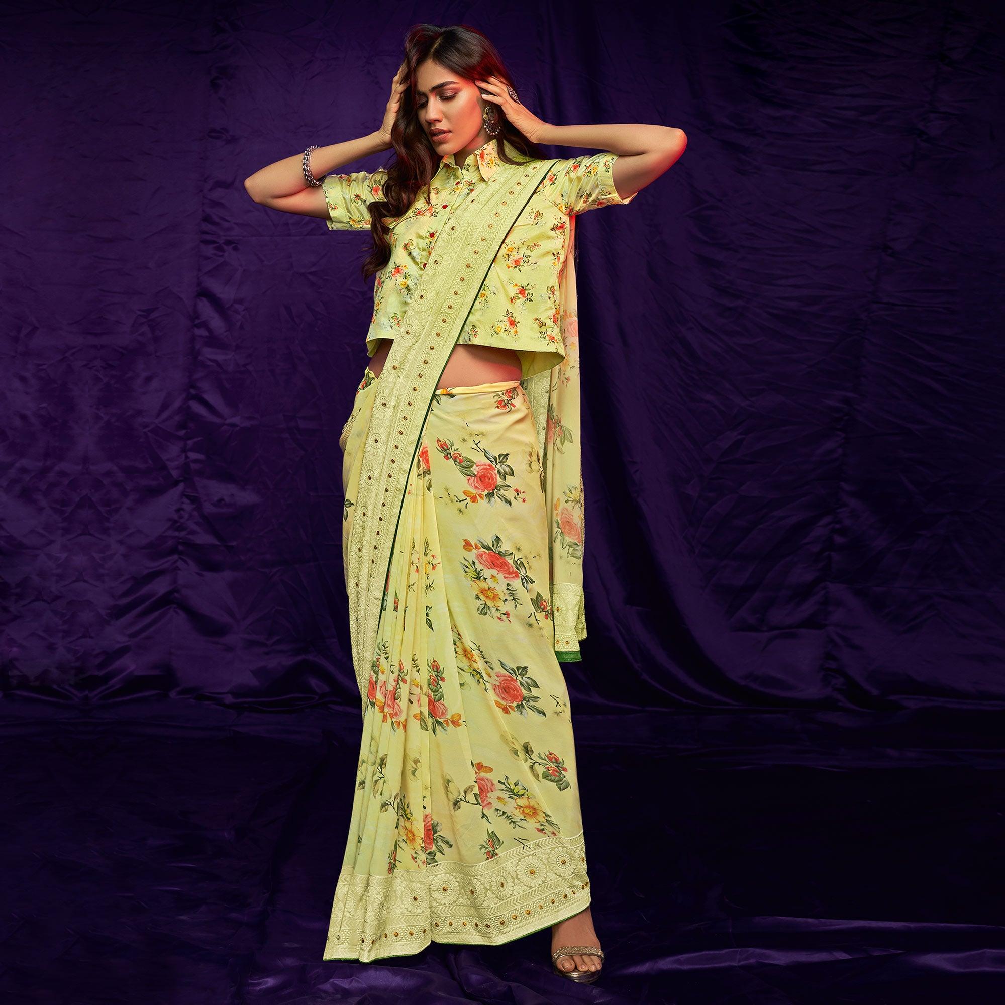 Yellow Casual Wear Floral Digital Printed Pure Georgette Saree - Peachmode