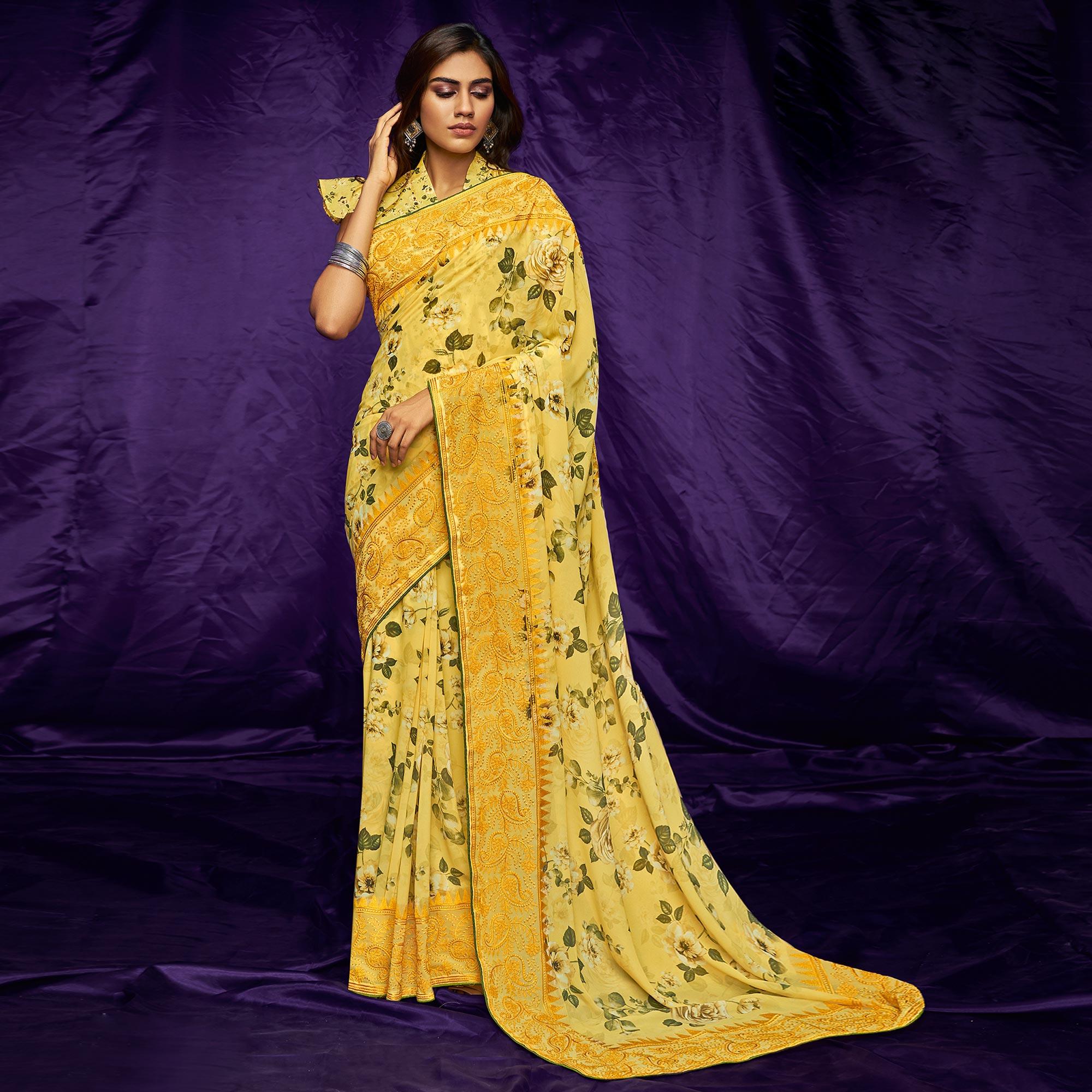 Yellow Casual Wear Floral Digital Printed Pure Georgette Saree - Peachmode