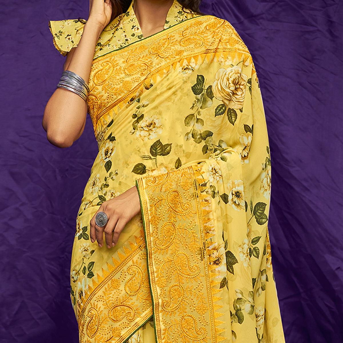Yellow Casual Wear Floral Digital Printed Pure Georgette Saree - Peachmode
