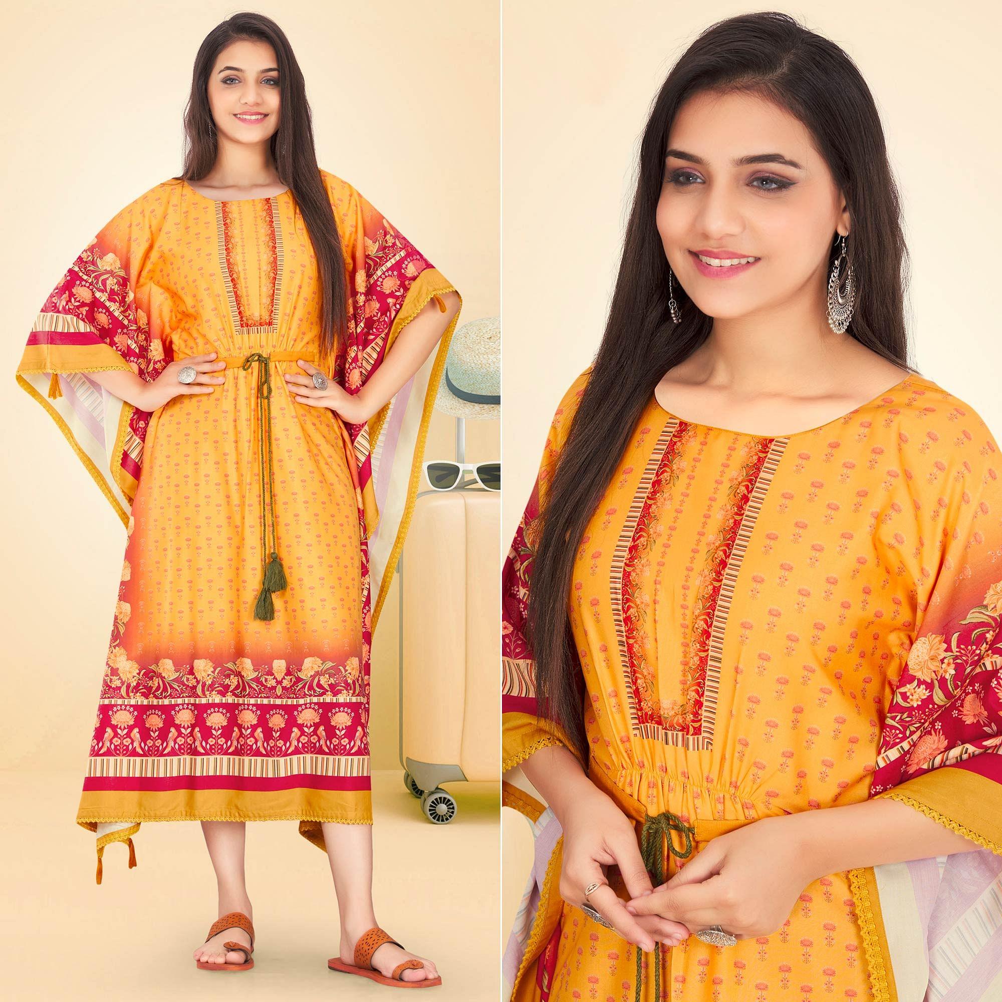 Yellow Casual Wear Floral Digtial Printed Modal Kaftan Kurti - Peachmode