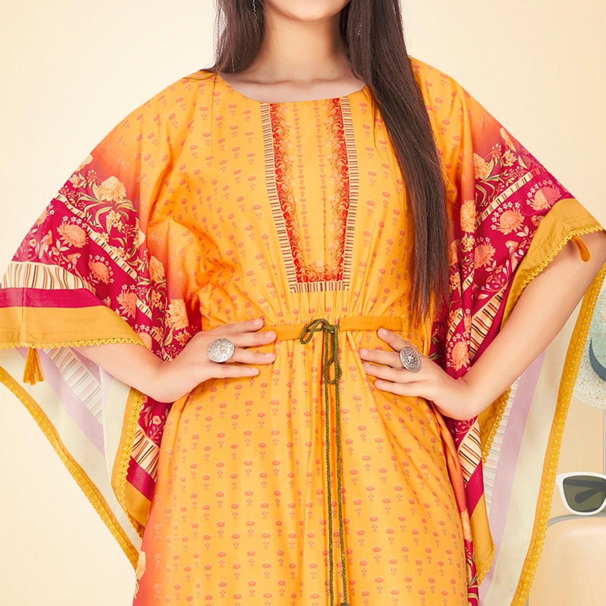 Yellow Casual Wear Floral Digtial Printed Modal Kaftan Kurti - Peachmode