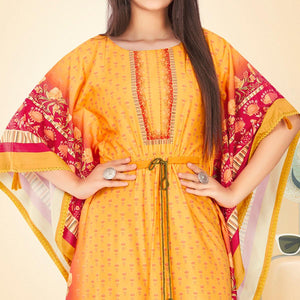 Yellow Casual Wear Floral Digtial Printed Modal Kaftan Kurti - Peachmode