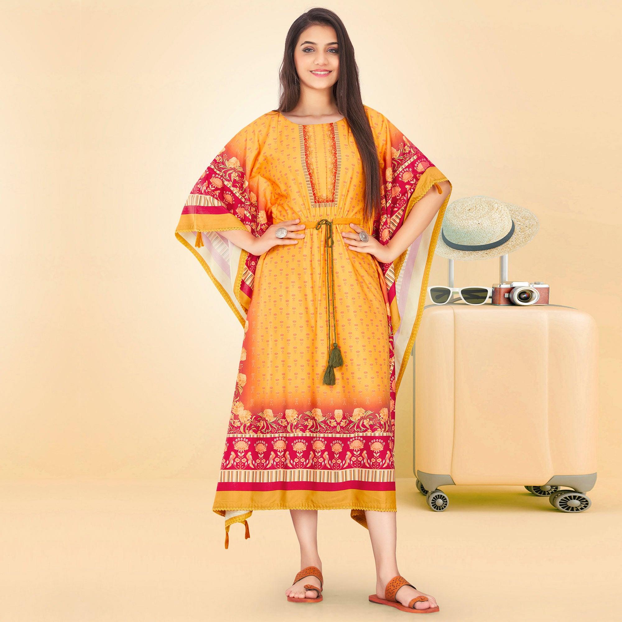 Yellow Casual Wear Floral Digtial Printed Modal Kaftan Kurti - Peachmode