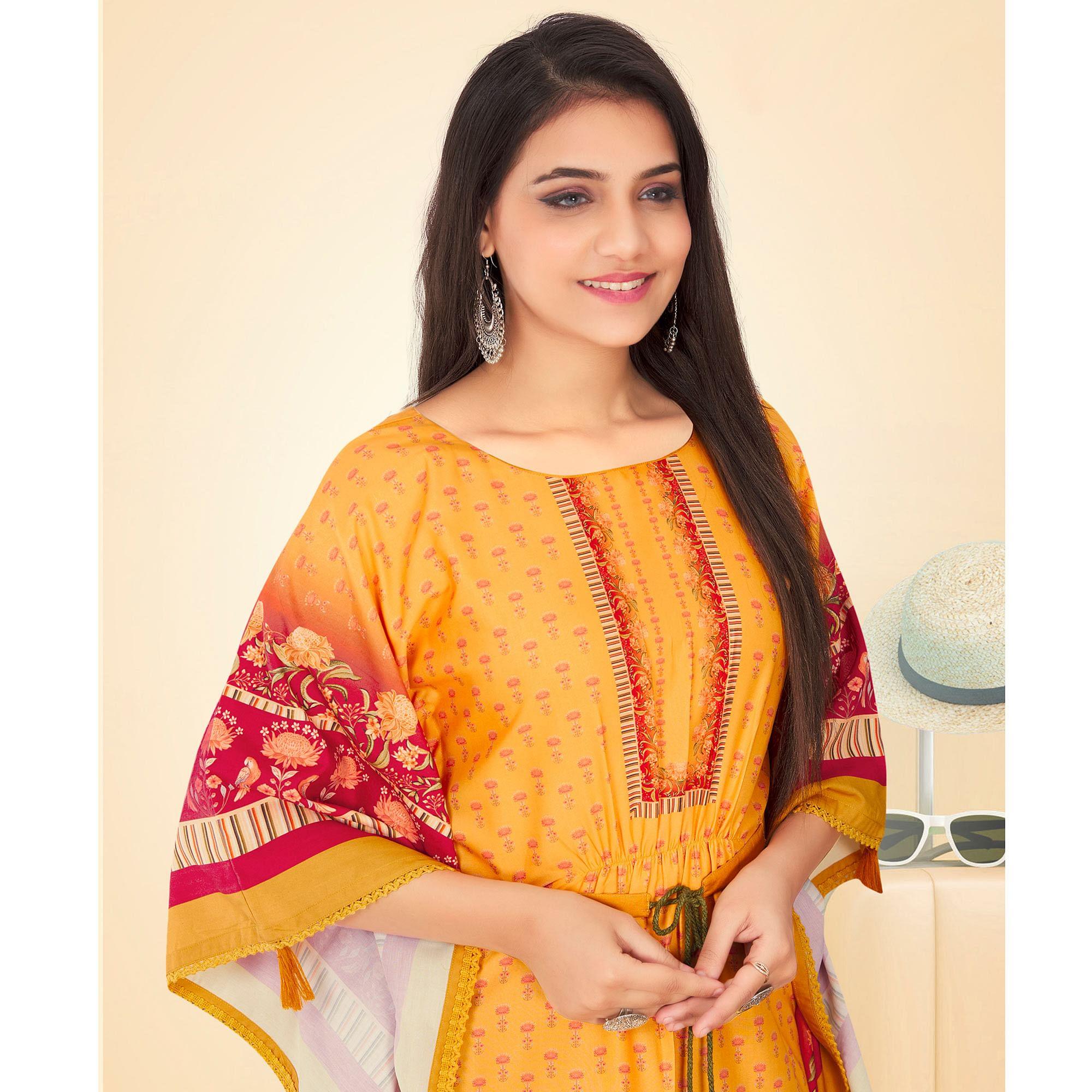 Yellow Casual Wear Floral Digtial Printed Modal Kaftan Kurti - Peachmode