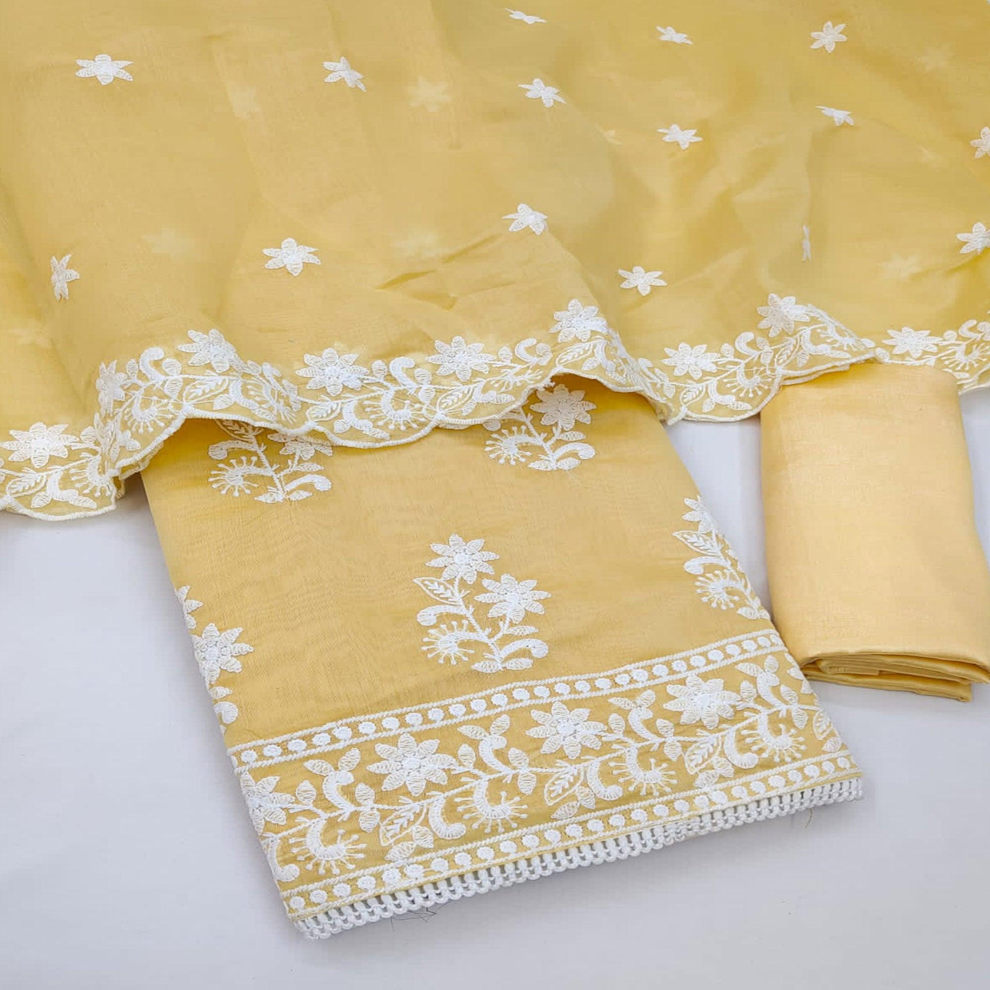 Yellow Casual Wear Floral Embroidered Chanderi Dress Material - Peachmode