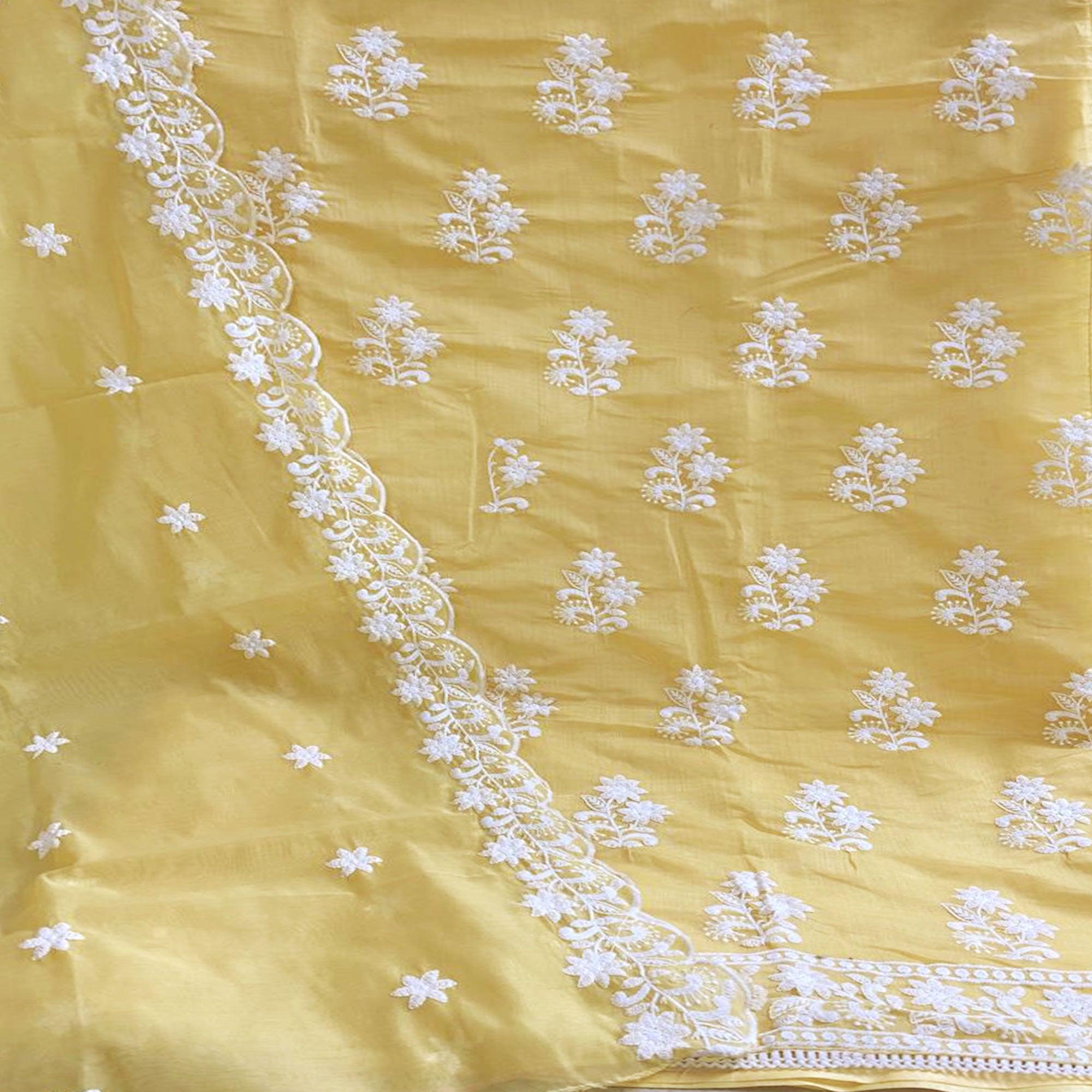 Yellow Casual Wear Floral Embroidered Chanderi Dress Material - Peachmode