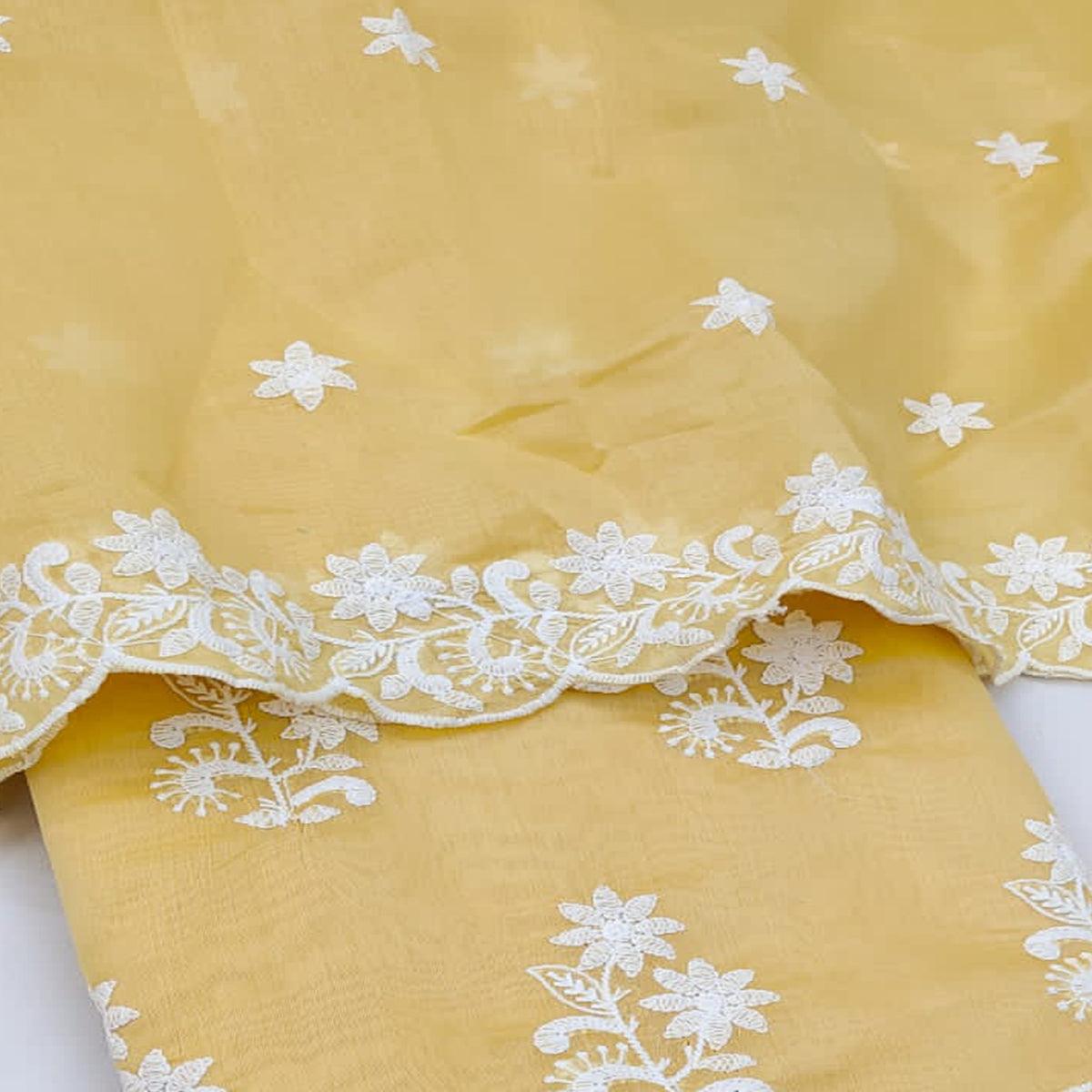 Yellow Casual Wear Floral Embroidered Chanderi Dress Material - Peachmode