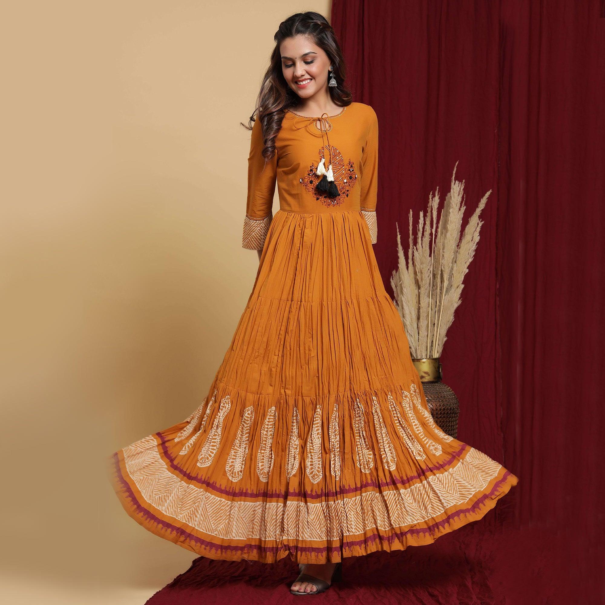 Yellow Casual Wear Floral Embroidered Cotton Gown With Dupatta - Peachmode