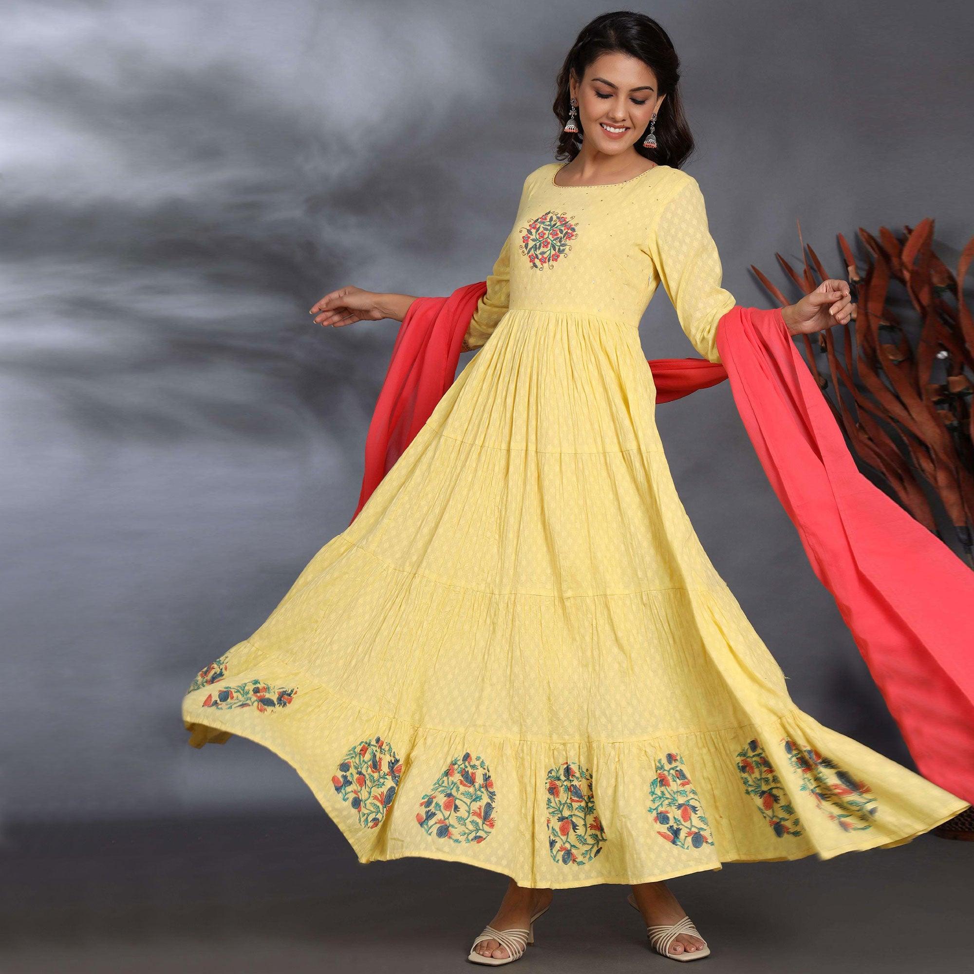 Yellow Casual Wear Floral Embroidered Cotton Gown With Dupatta - Peachmode