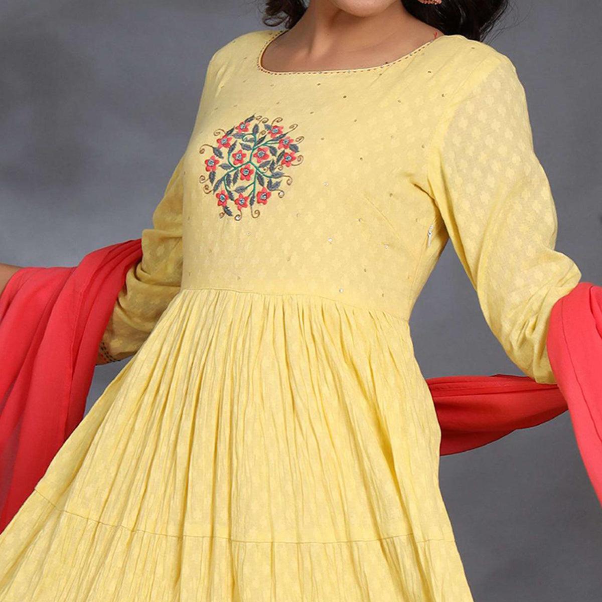 Yellow Casual Wear Floral Embroidered Cotton Gown With Dupatta - Peachmode
