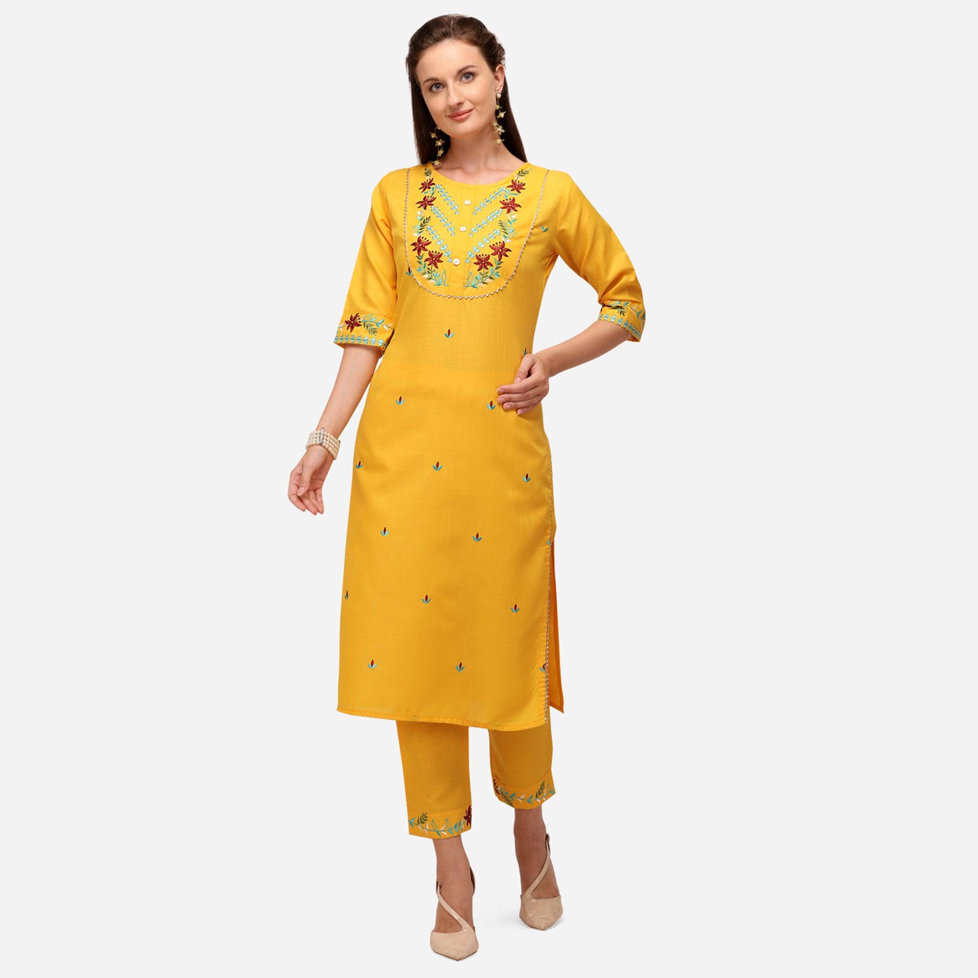 Yellow Casual Wear Floral Embroidered Cotton Kurti Pant Set - Peachmode