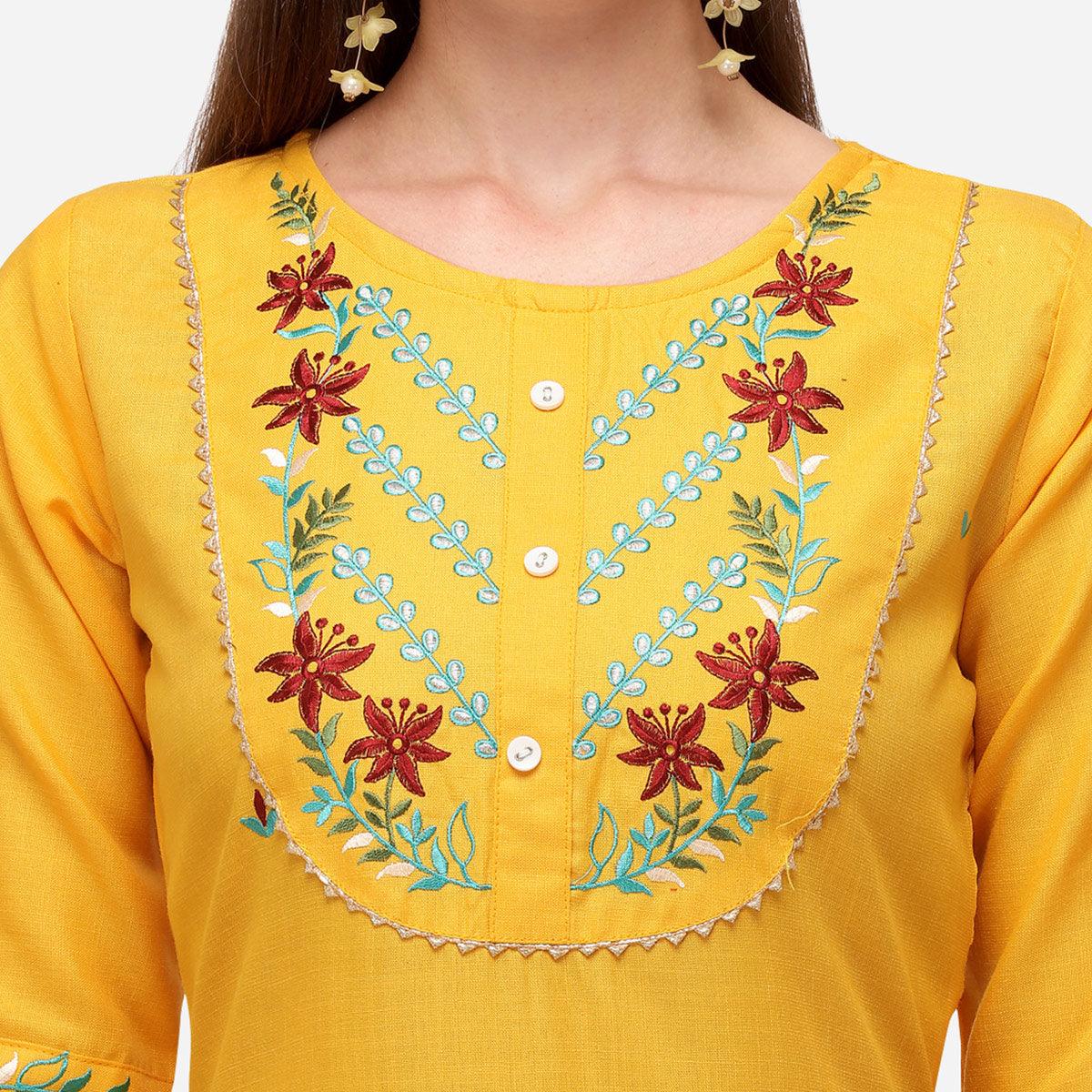Yellow Casual Wear Floral Embroidered Cotton Kurti Pant Set - Peachmode