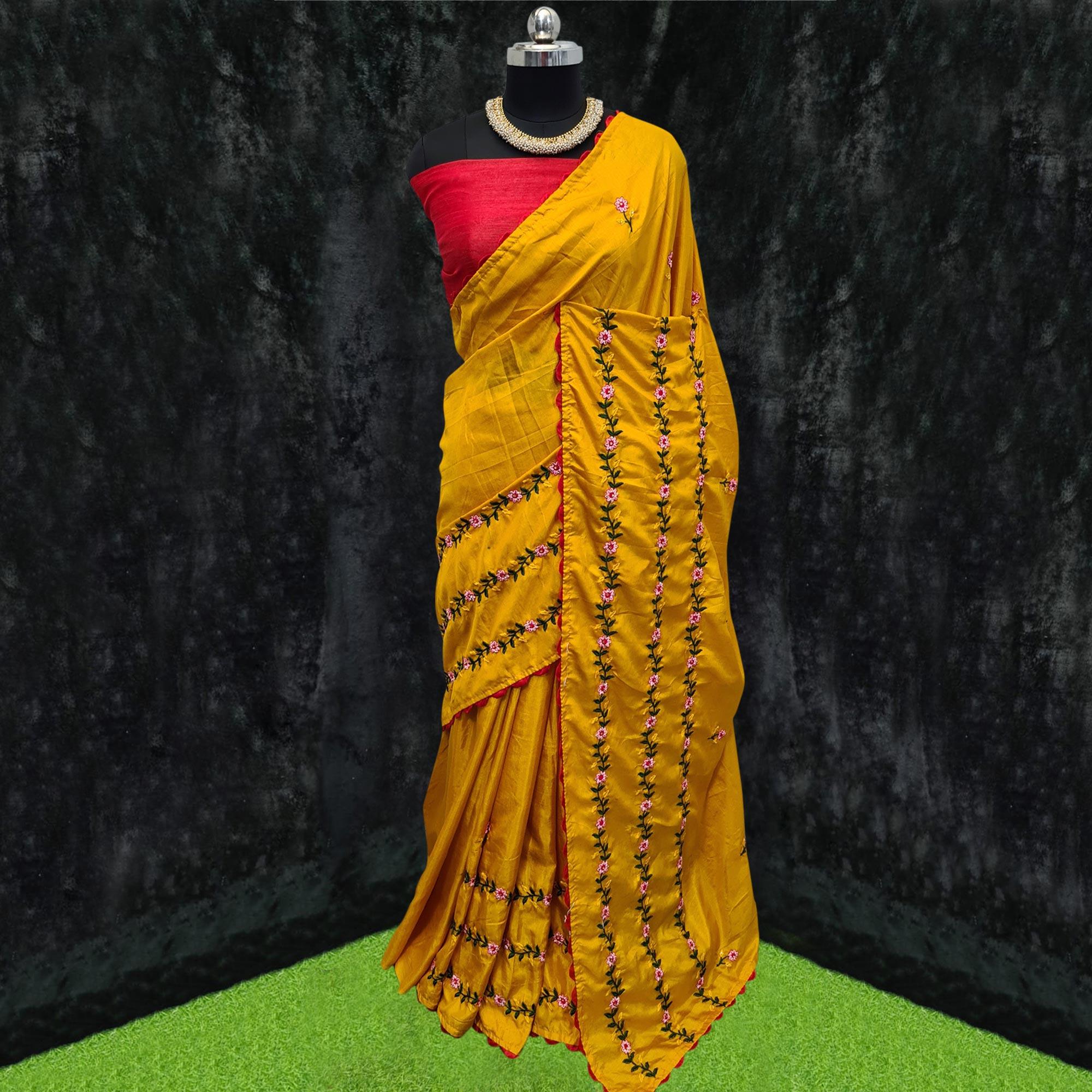 Yellow Casual Wear Floral Embroidered Dola Silk Saree - Peachmode