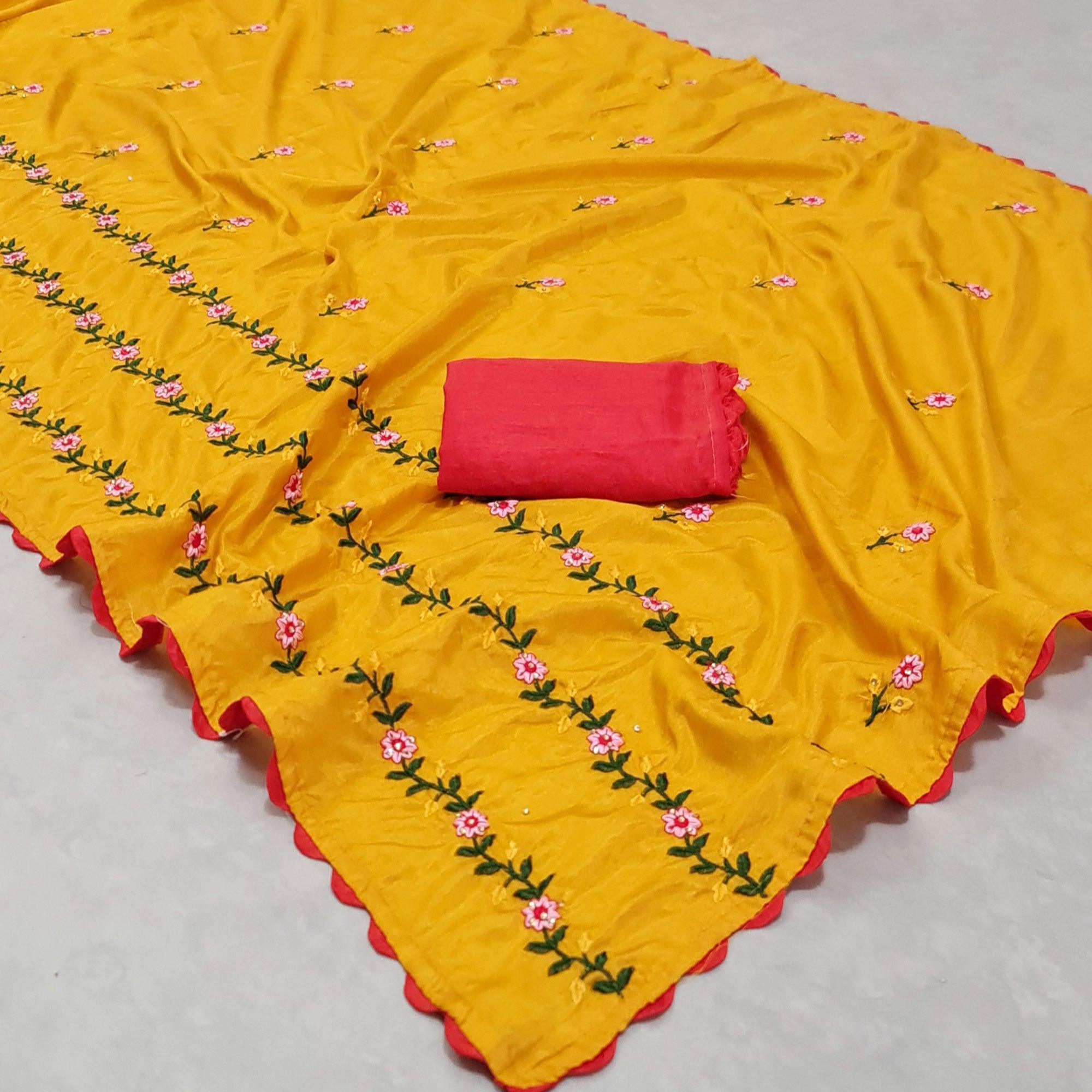 Yellow Casual Wear Floral Embroidered Dola Silk Saree - Peachmode
