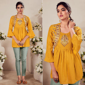 Yellow Casual Wear Floral Embroidered Rayon Top - Peachmode