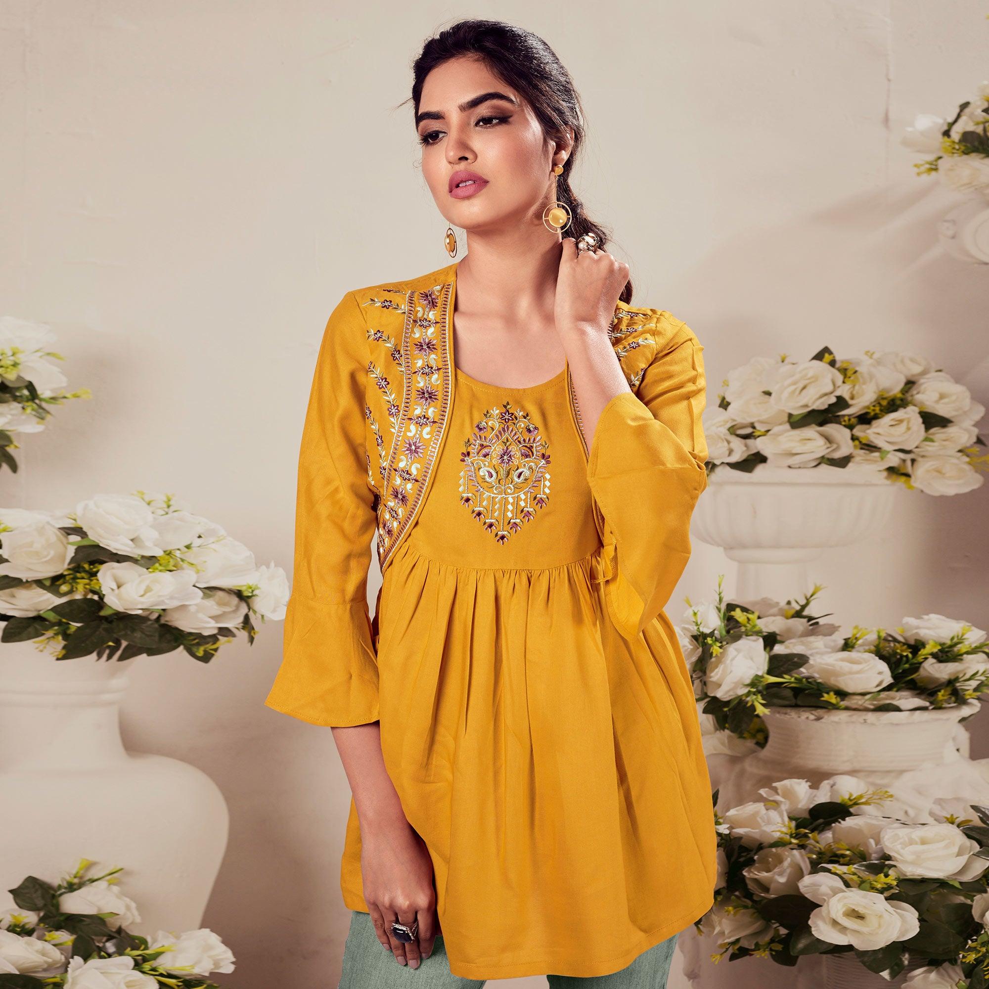 Yellow Casual Wear Floral Embroidered Rayon Top - Peachmode