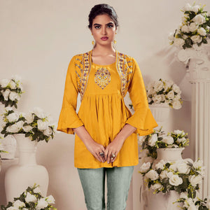 Yellow Casual Wear Floral Embroidered Rayon Top - Peachmode