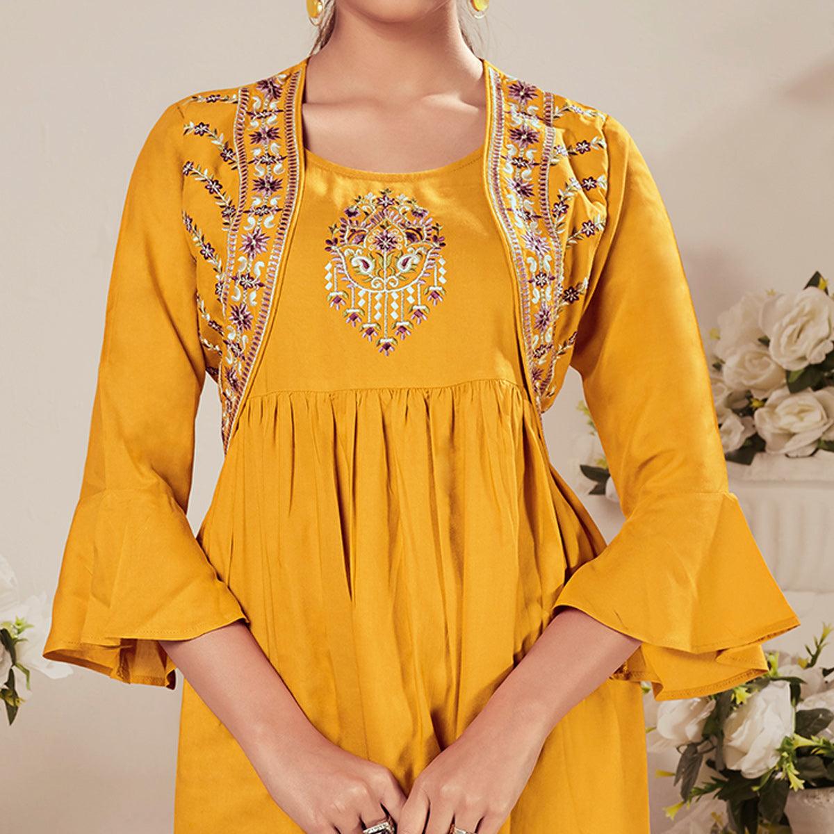 Yellow Casual Wear Floral Embroidered Rayon Top - Peachmode
