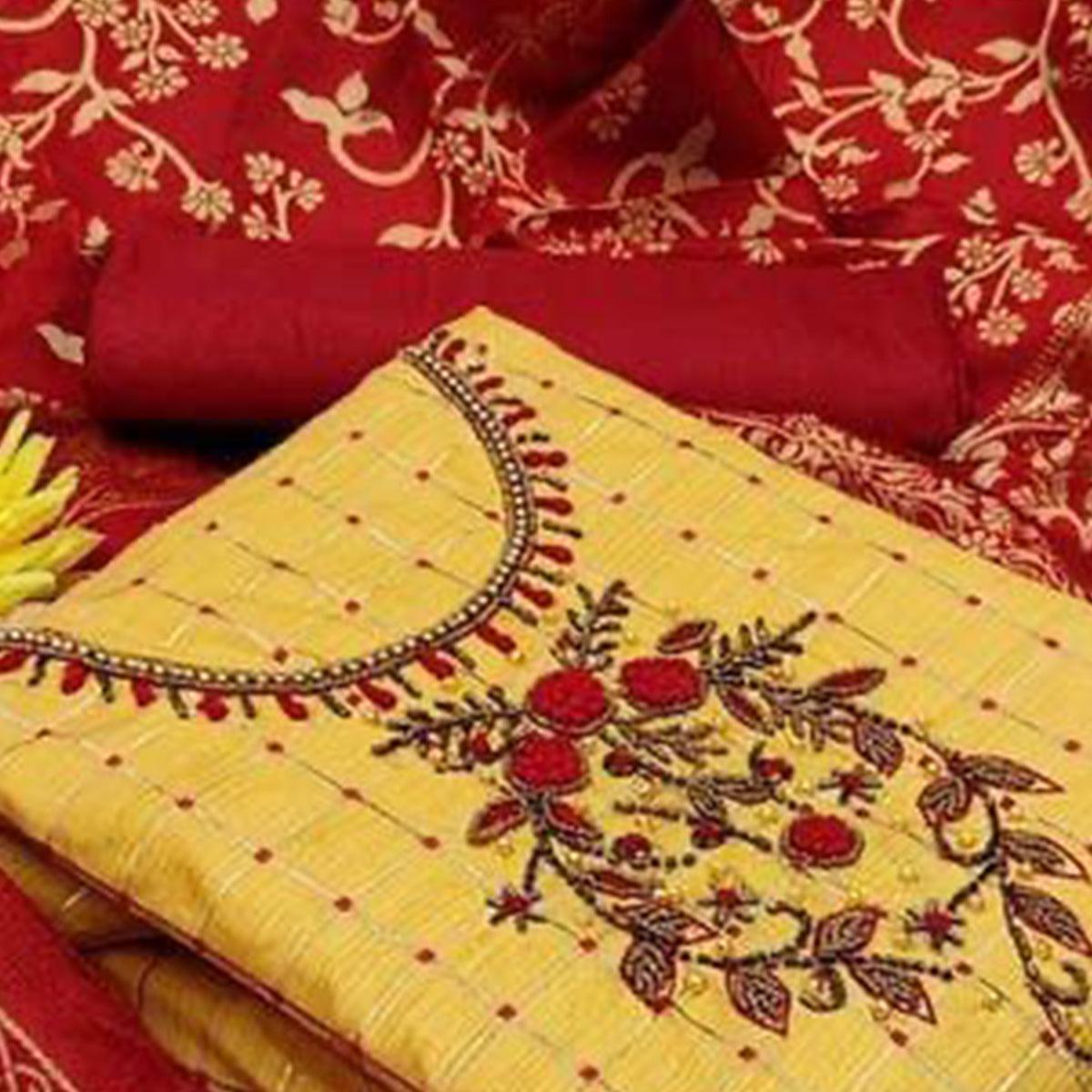 Yellow Casual Wear Floral Embroidered With Checks Banarasi Silk Dress Material - Peachmode